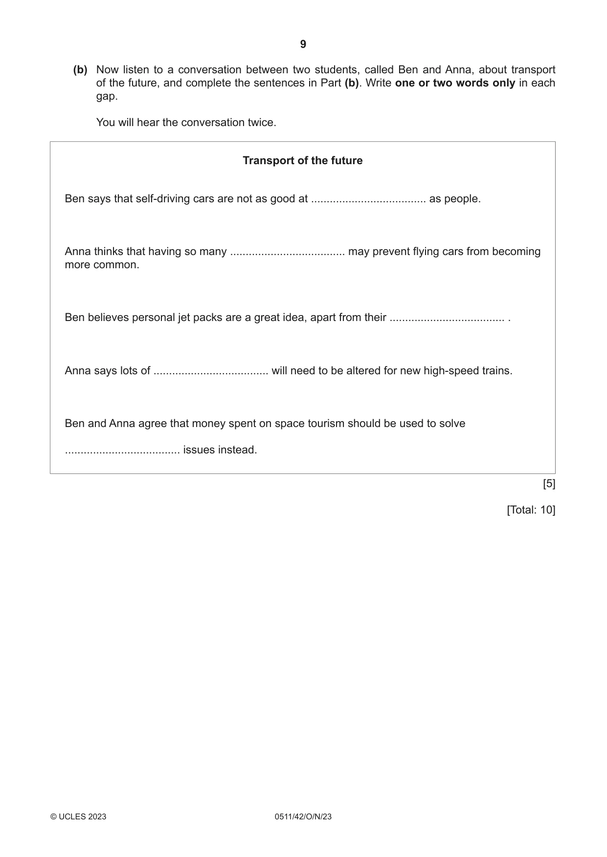 Cambridge IGCSE English - Second Language (count-in oral) 0511 2023 Oct/Nov Paper 4 · Variant 2 question paper, page 9 of 12