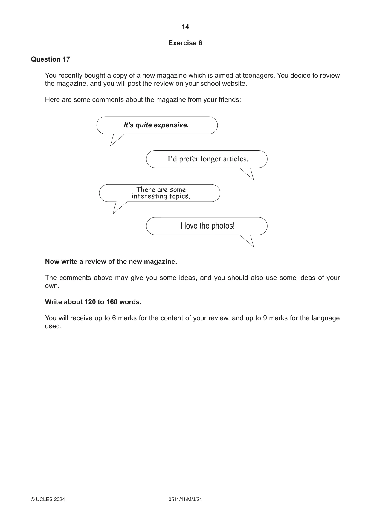 Cambridge IGCSE English - Second Language (count-in oral) 0511 2024 May/June Paper 1 · Variant 1 question paper, page 14 of 16