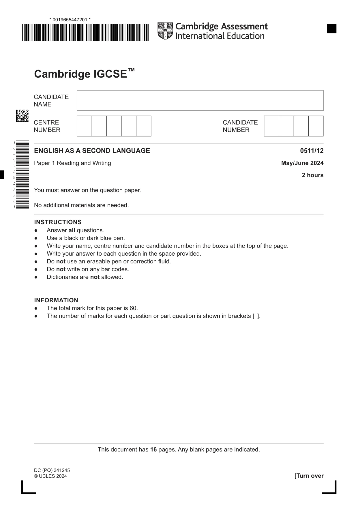 Cambridge IGCSE English - Second Language (count-in oral) 0511 2024 May/June Paper 1 · Variant 2 question paper, page 1 of 16