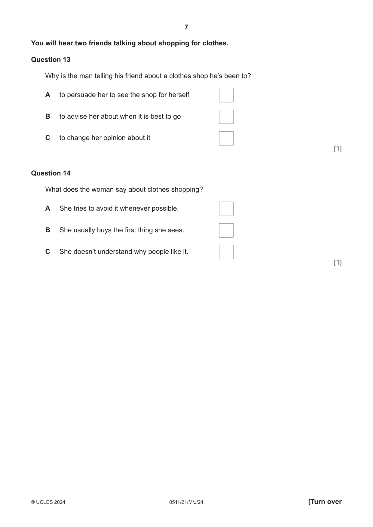 Cambridge IGCSE English - Second Language (count-in oral) 0511 2024 May/June Paper 2 · Variant 1 question paper, page 7 of 16