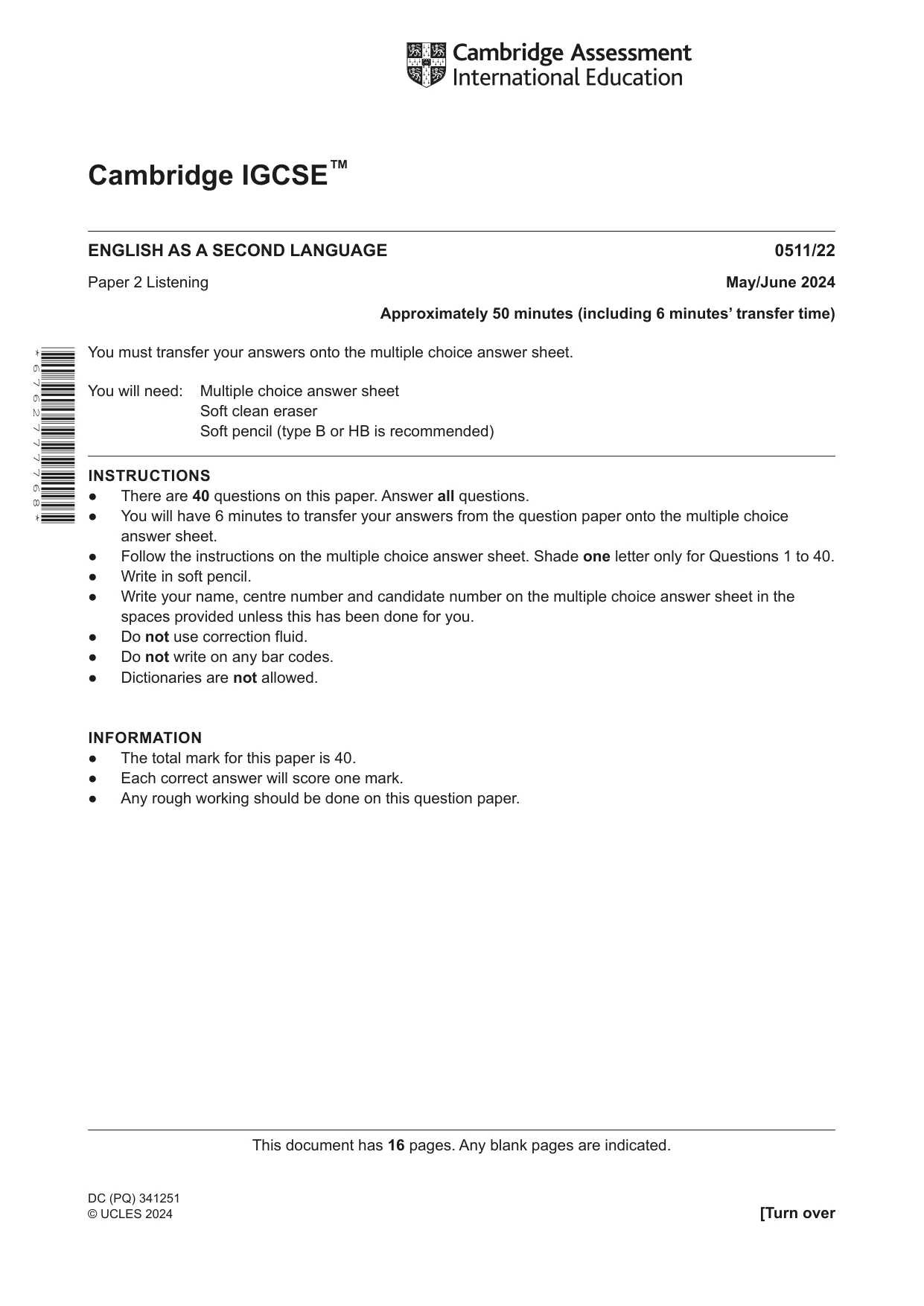 Cambridge IGCSE English - Second Language (count-in oral) 0511 2024 May/June Paper 2 · Variant 2 question paper, page 1 of 16