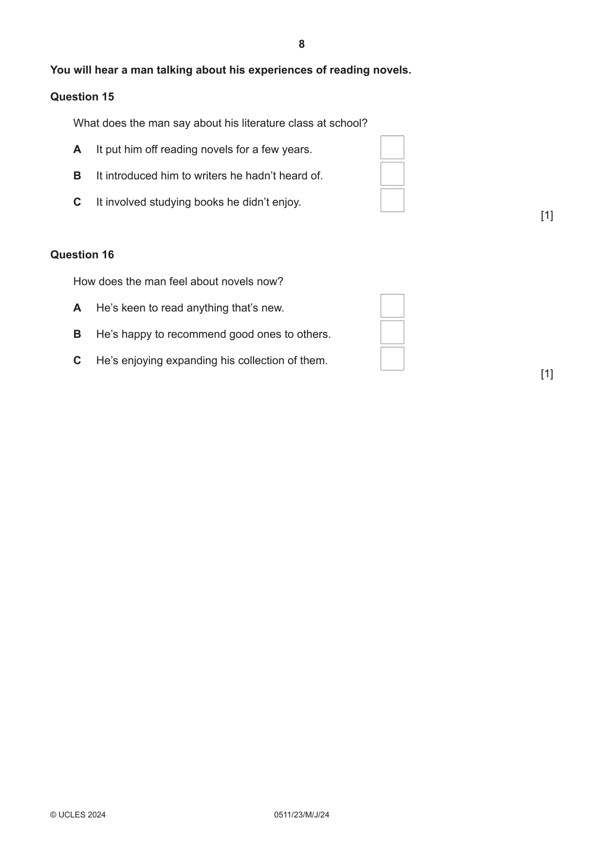 Cambridge IGCSE English - Second Language (count-in oral) 0511 2024 May/June Paper 2 · Variant 3 question paper, page 8 of 16