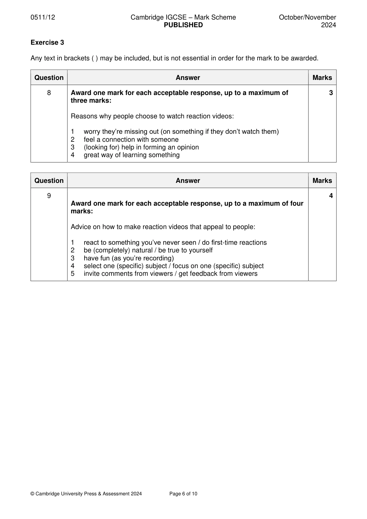 Mark scheme, page 6 of 10