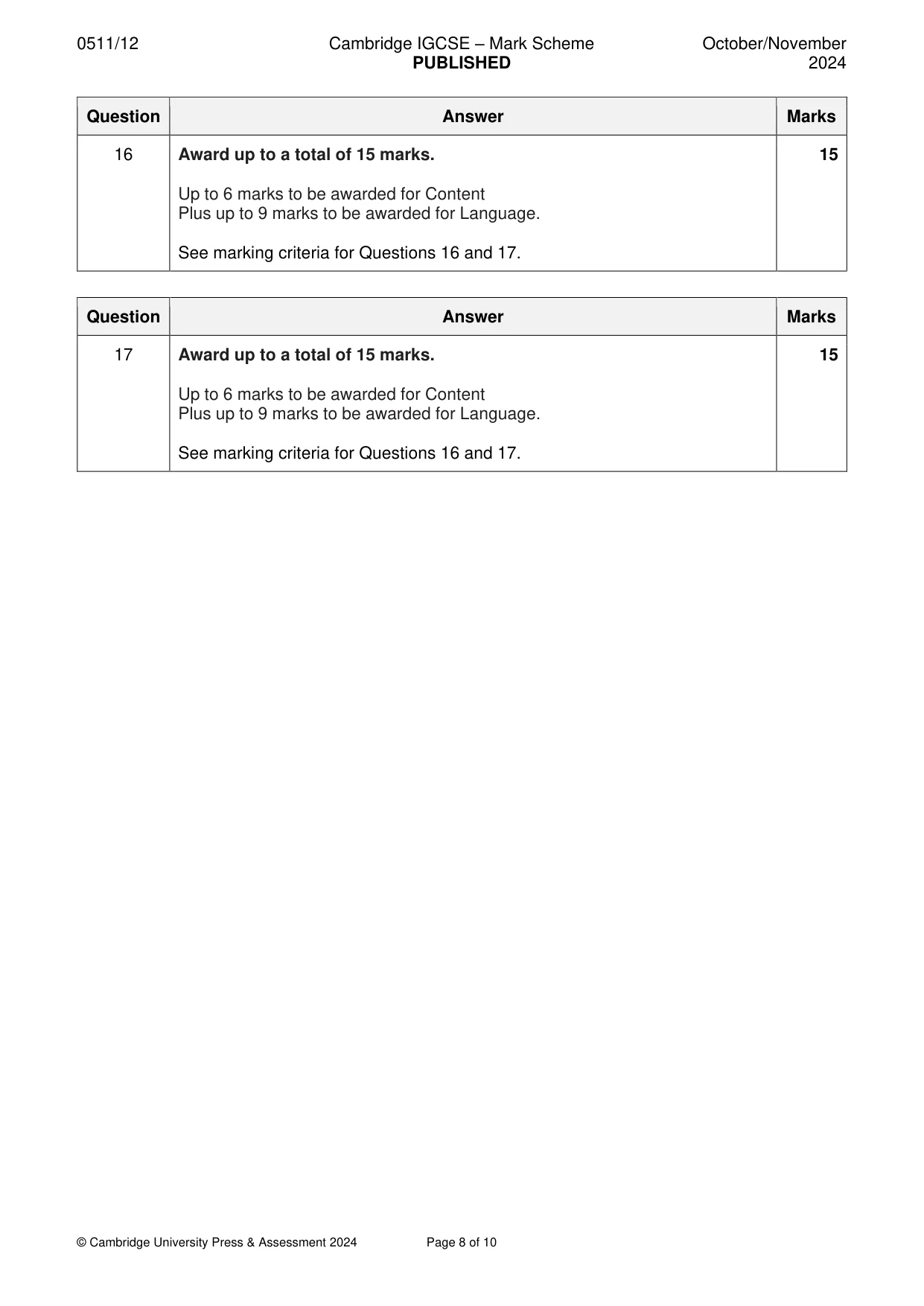 Mark scheme, page 8 of 10