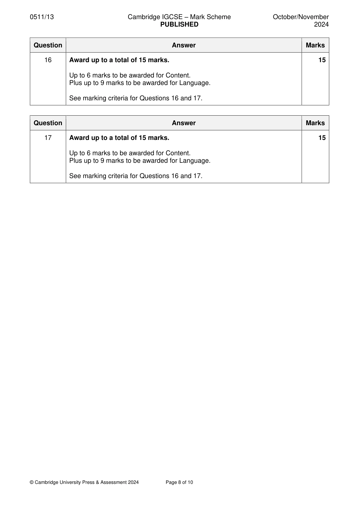 Mark scheme, page 8 of 10