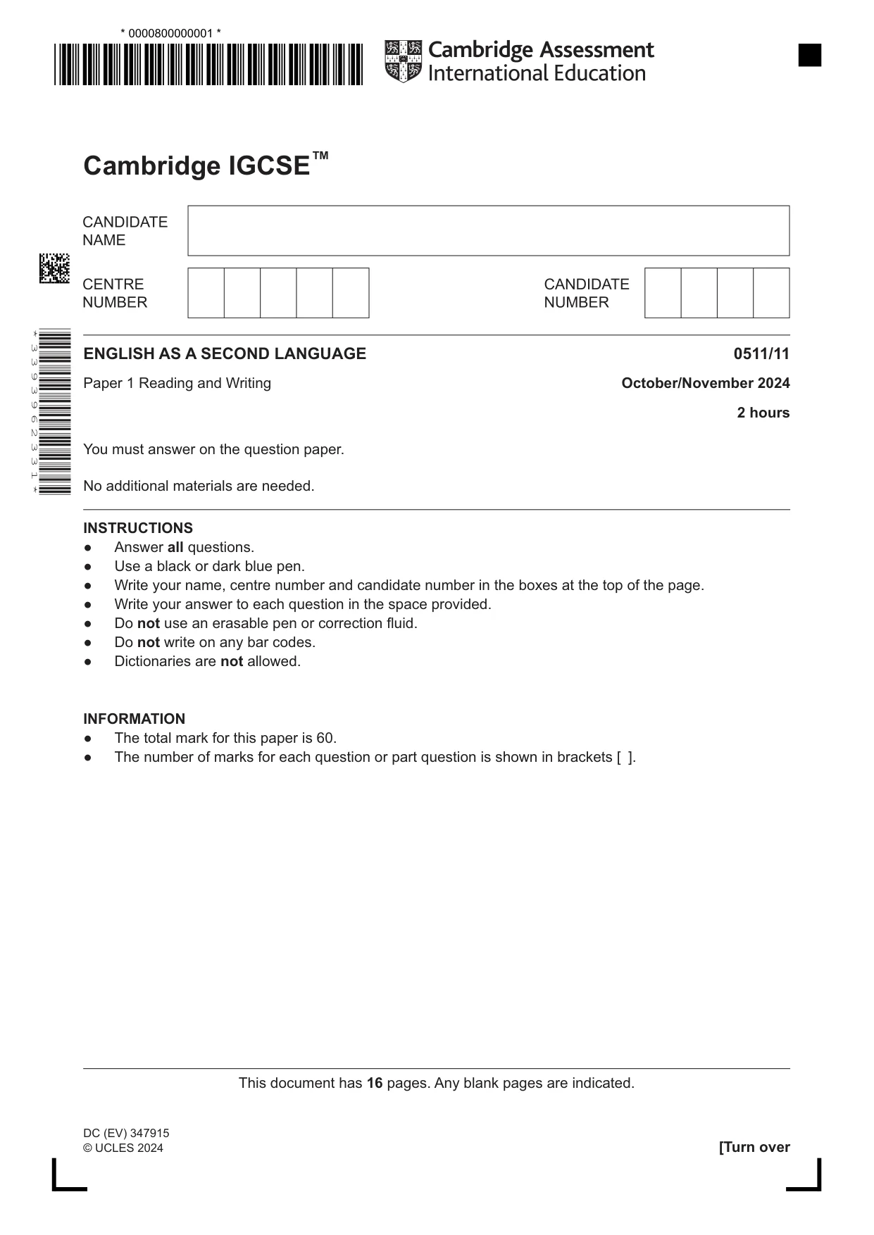 Cambridge IGCSE English - Second Language (count-in oral) 0511 2024 Oct/Nov Paper 1 · Variant 1 question paper, page 1 of 16