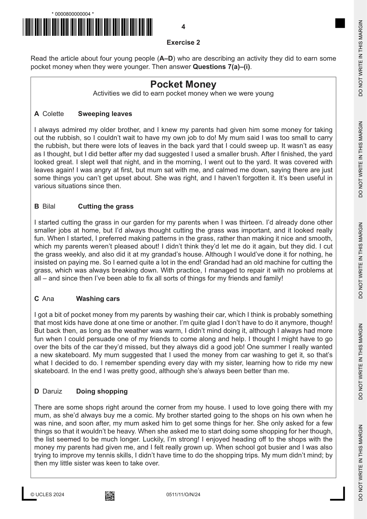Cambridge IGCSE English - Second Language (count-in oral) 0511 2024 Oct/Nov Paper 1 · Variant 1 question paper, page 4 of 16