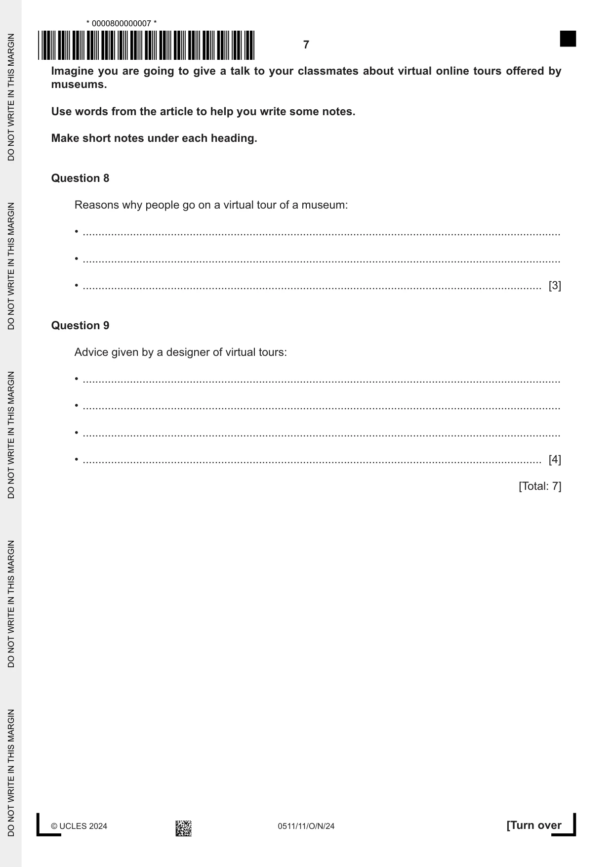 Cambridge IGCSE English - Second Language (count-in oral) 0511 2024 Oct/Nov Paper 1 · Variant 1 question paper, page 7 of 16