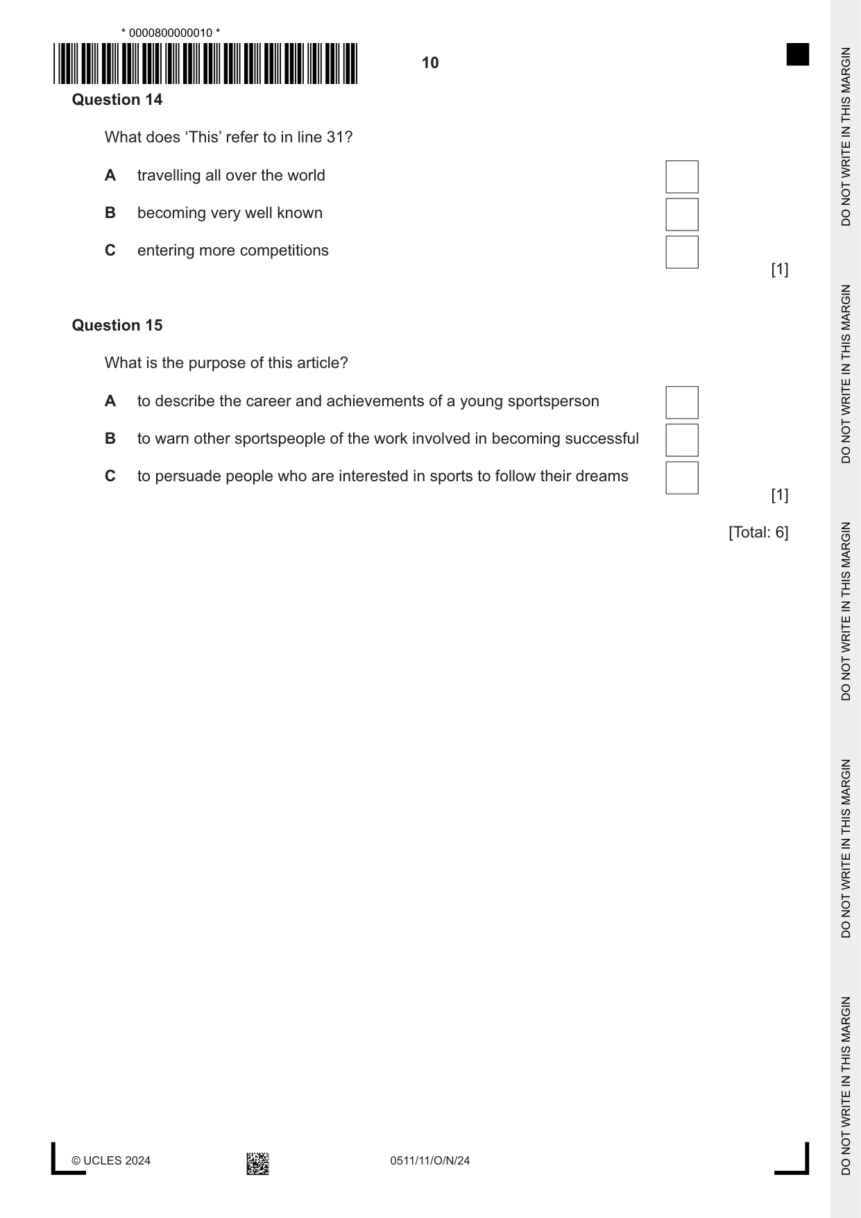 Cambridge IGCSE English - Second Language (count-in oral) 0511 2024 Oct/Nov Paper 1 · Variant 1 question paper, page 10 of 16