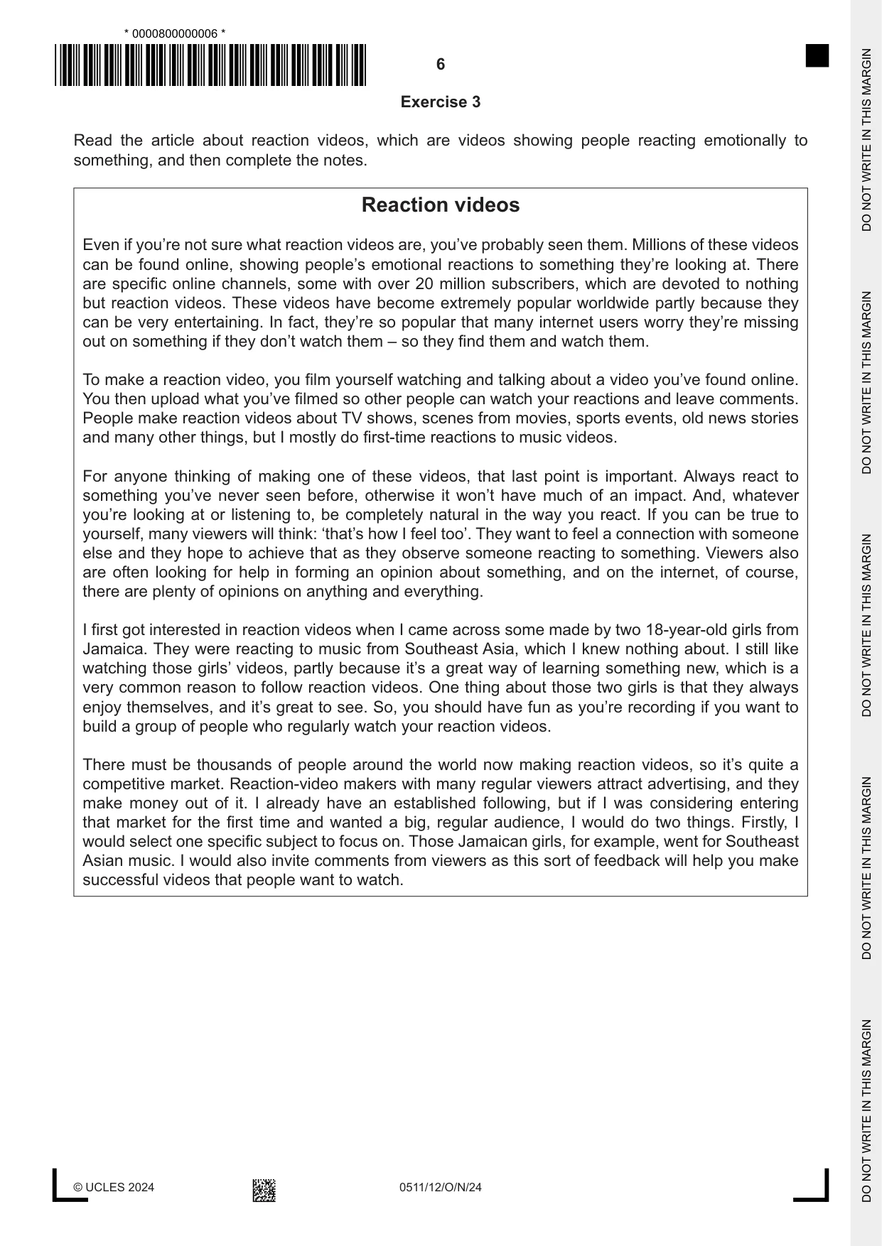 Cambridge IGCSE English - Second Language (count-in oral) 0511 2024 Oct/Nov Paper 1 · Variant 2 question paper, page 6 of 16