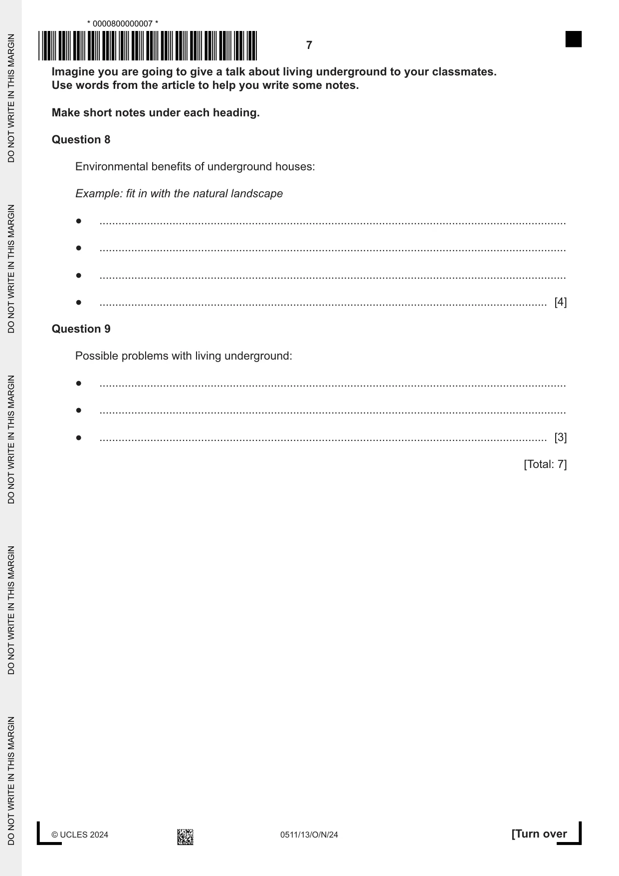 Cambridge IGCSE English - Second Language (count-in oral) 0511 2024 Oct/Nov Paper 1 · Variant 3 question paper, page 7 of 16