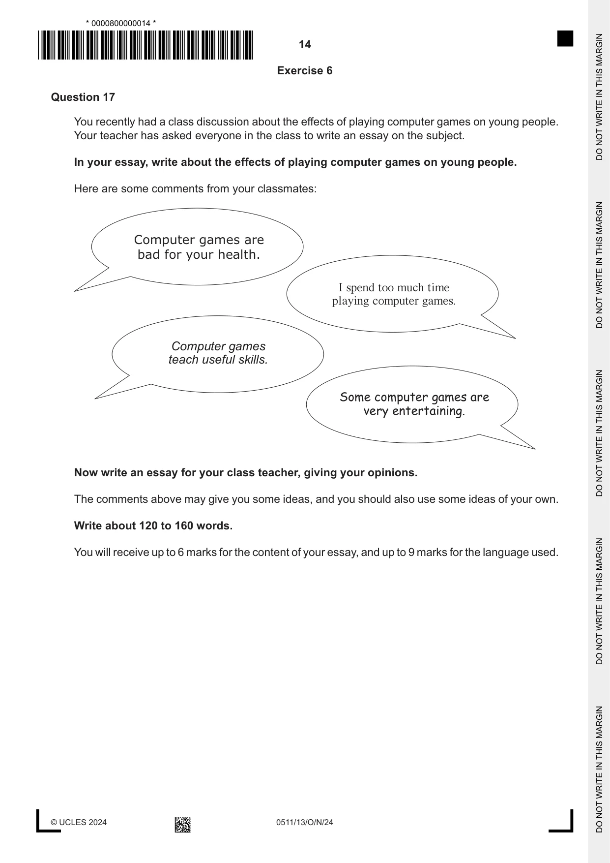 Cambridge IGCSE English - Second Language (count-in oral) 0511 2024 Oct/Nov Paper 1 · Variant 3 question paper, page 14 of 16