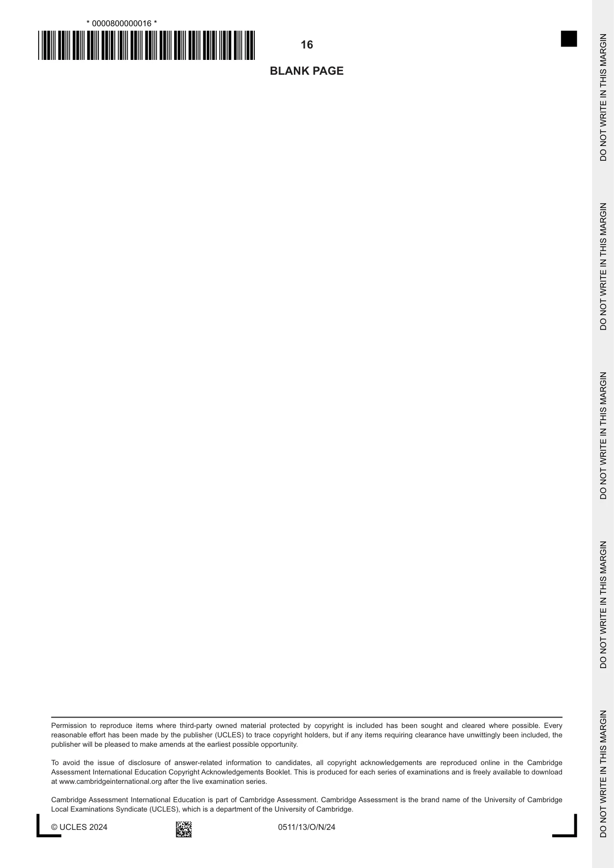Cambridge IGCSE English - Second Language (count-in oral) 0511 2024 Oct/Nov Paper 1 · Variant 3 question paper, page 16 of 16