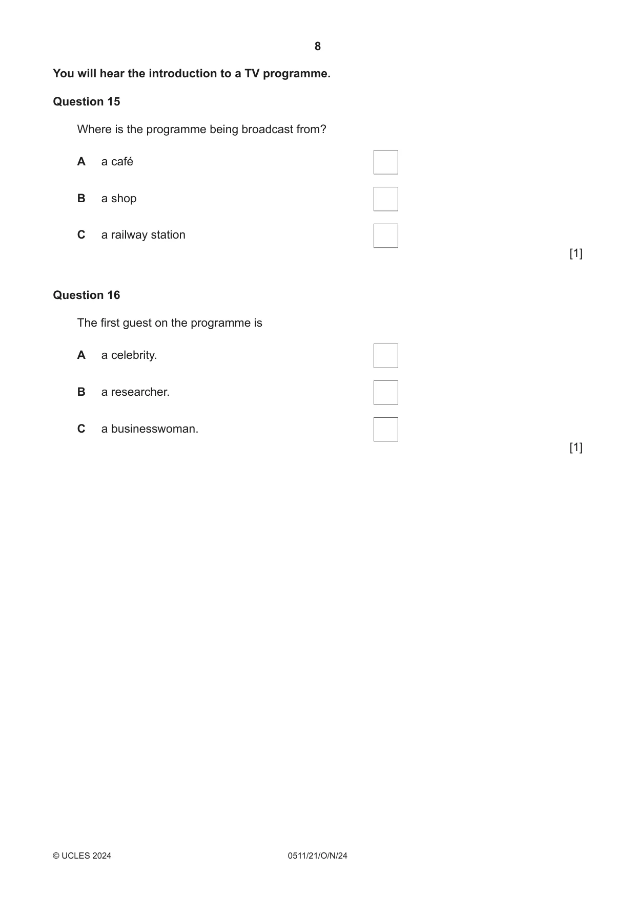 Cambridge IGCSE English - Second Language (count-in oral) 0511 2024 Oct/Nov Paper 2 · Variant 1 question paper, page 8 of 16