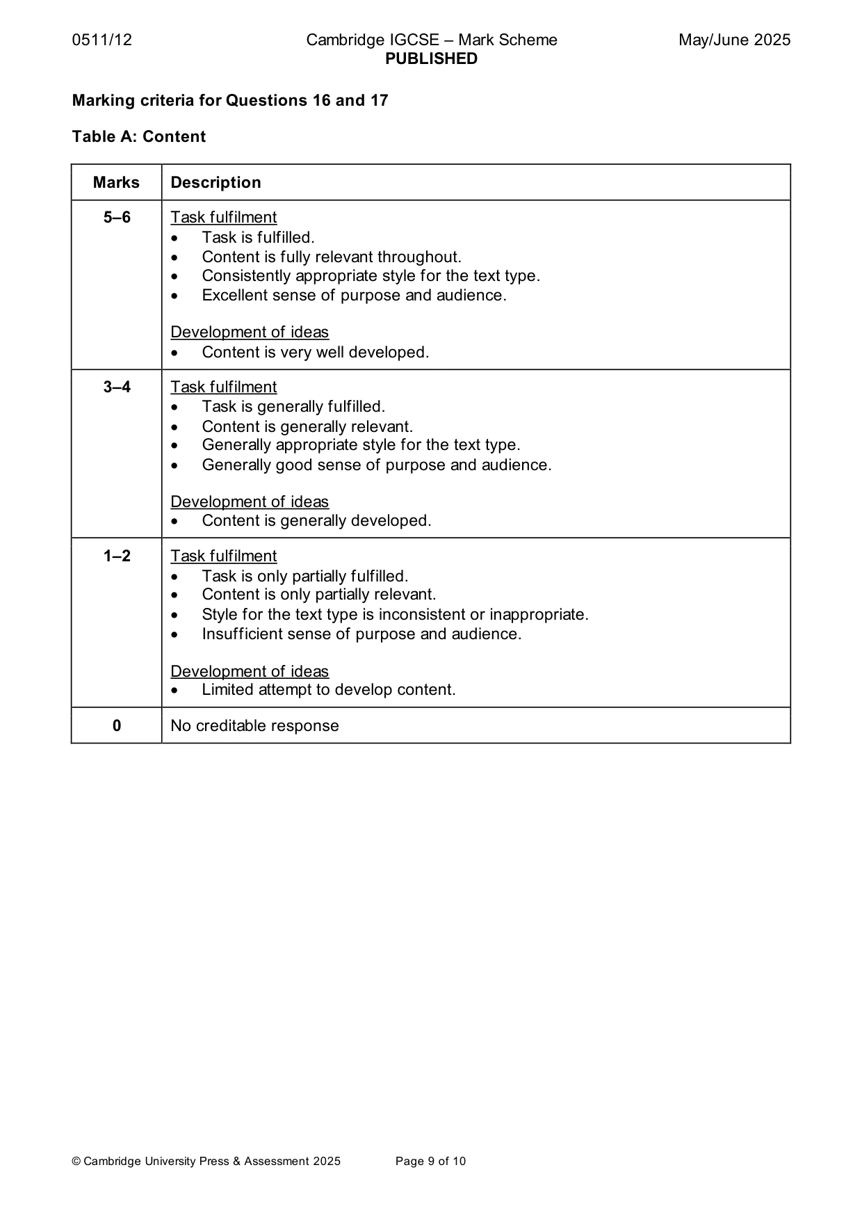 Mark scheme, page 9 of 10