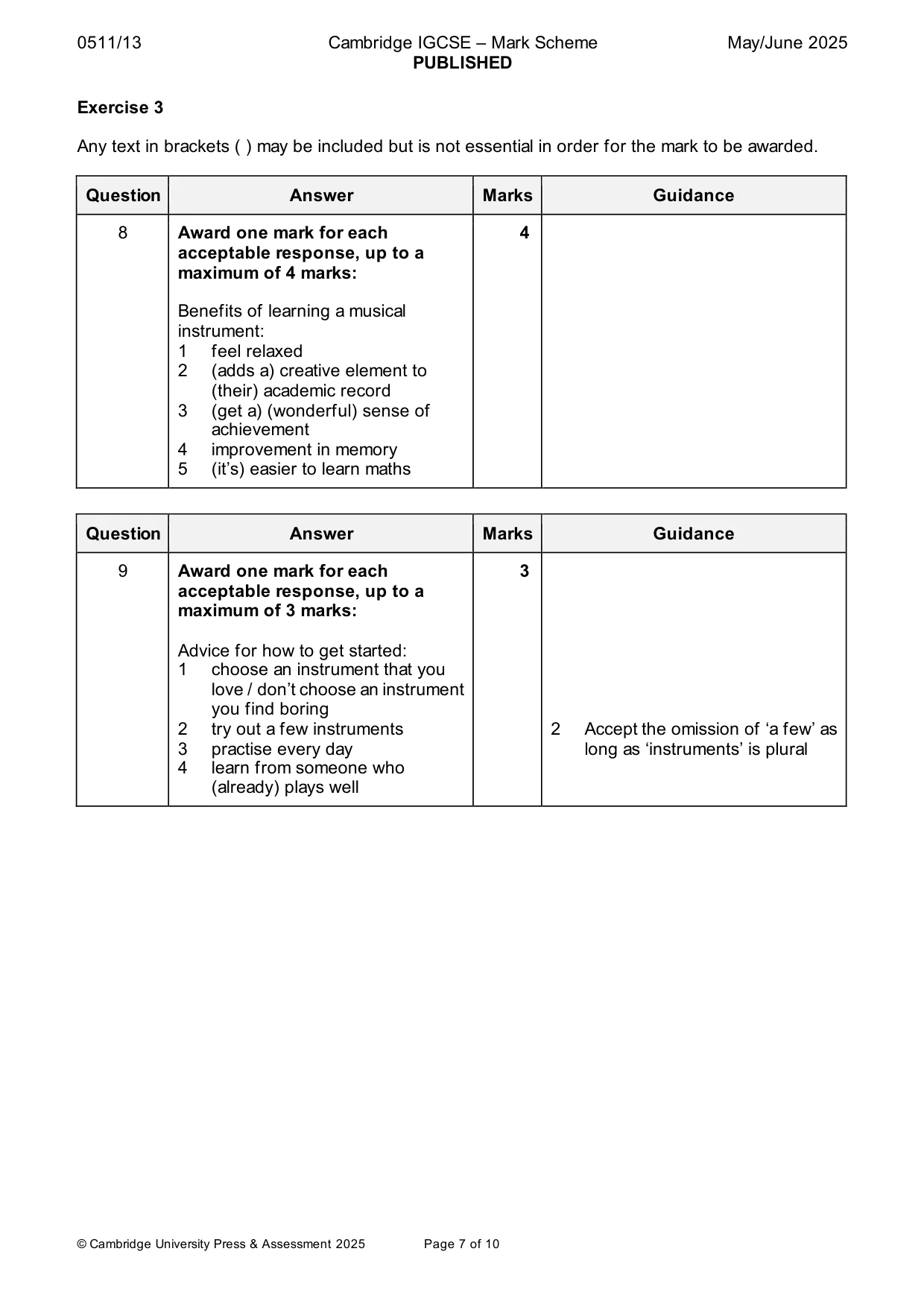 Mark scheme, page 7 of 10