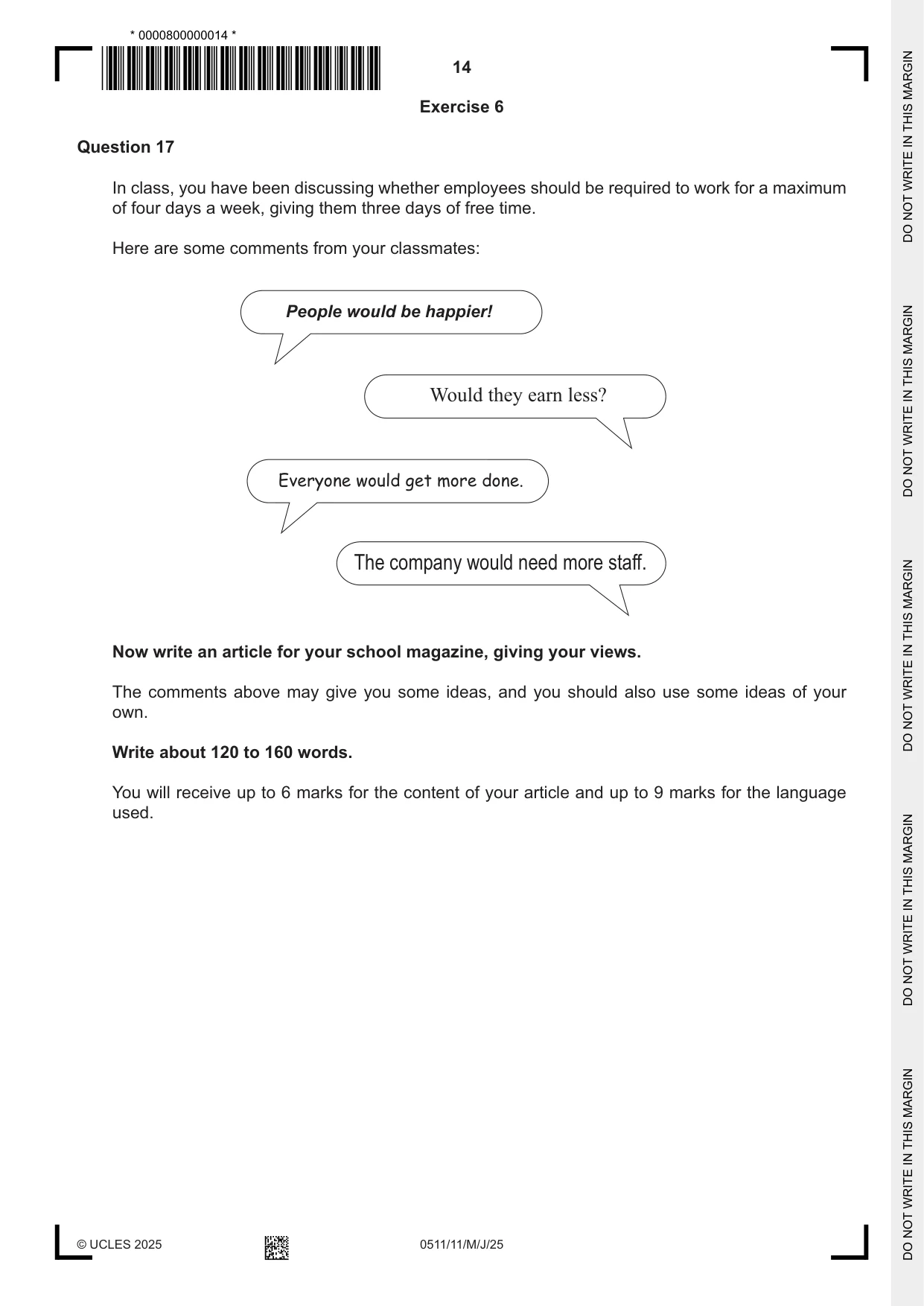 Cambridge IGCSE English - Second Language (count-in oral) 0511 2025 May/June Paper 1 · Variant 1 question paper, page 14 of 16