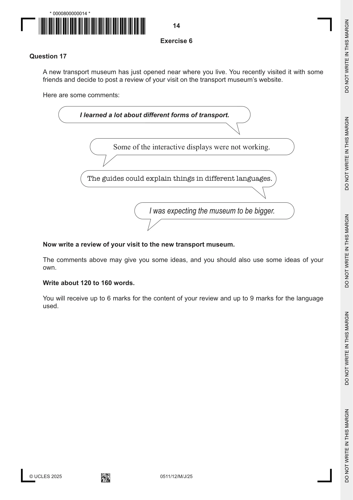 Cambridge IGCSE English - Second Language (count-in oral) 0511 2025 May/June Paper 1 · Variant 2 question paper, page 14 of 16