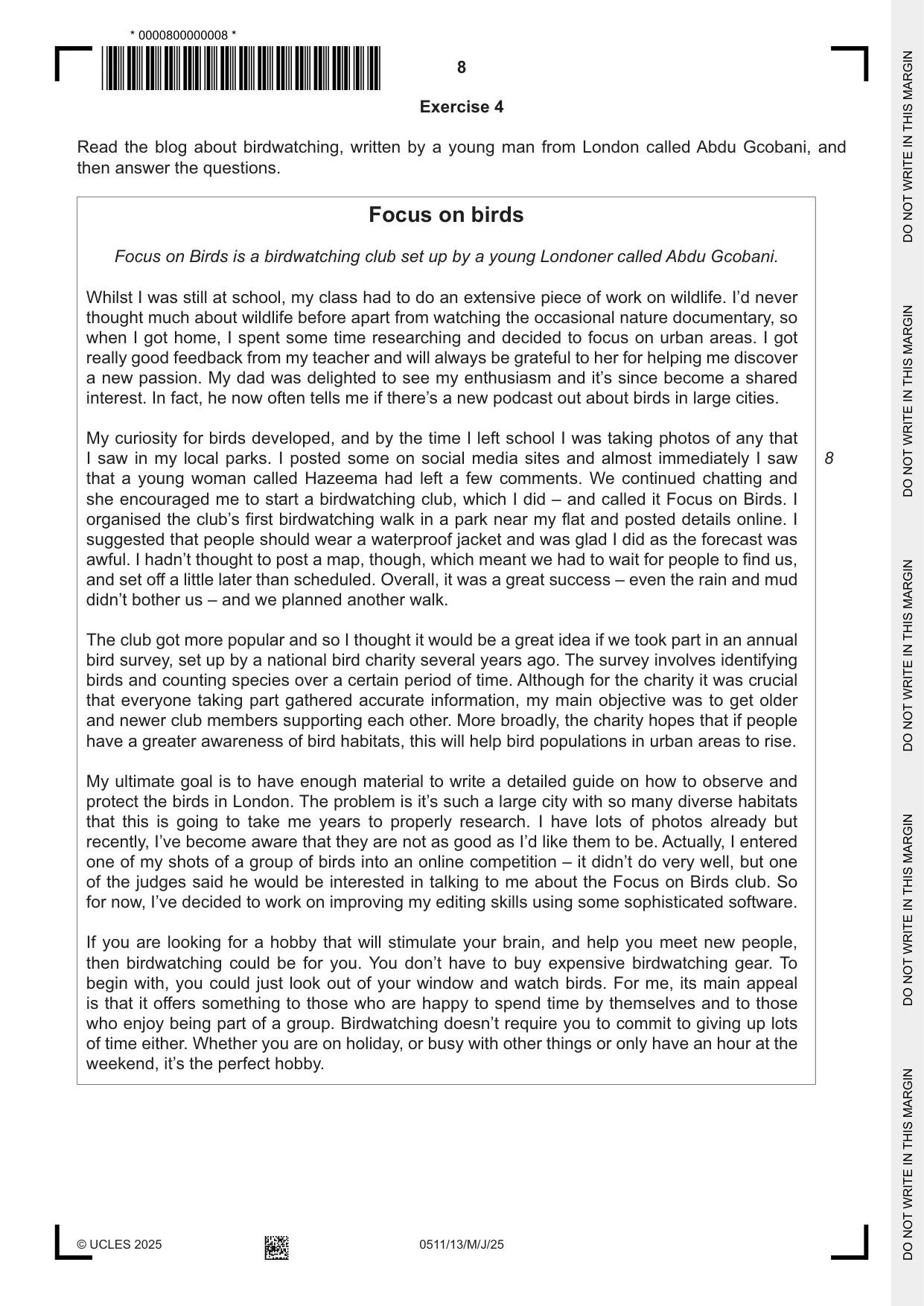 Cambridge IGCSE English - Second Language (count-in oral) 0511 2025 May/June Paper 1 · Variant 3 question paper, page 8 of 16