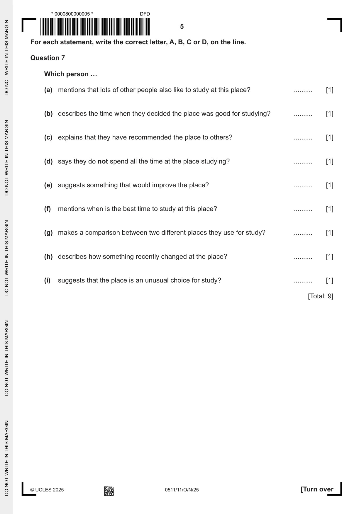 Cambridge IGCSE English - Second Language (count-in oral) 0511 2025 Oct/Nov Paper 1 · Variant 1 question paper, page 5 of 16