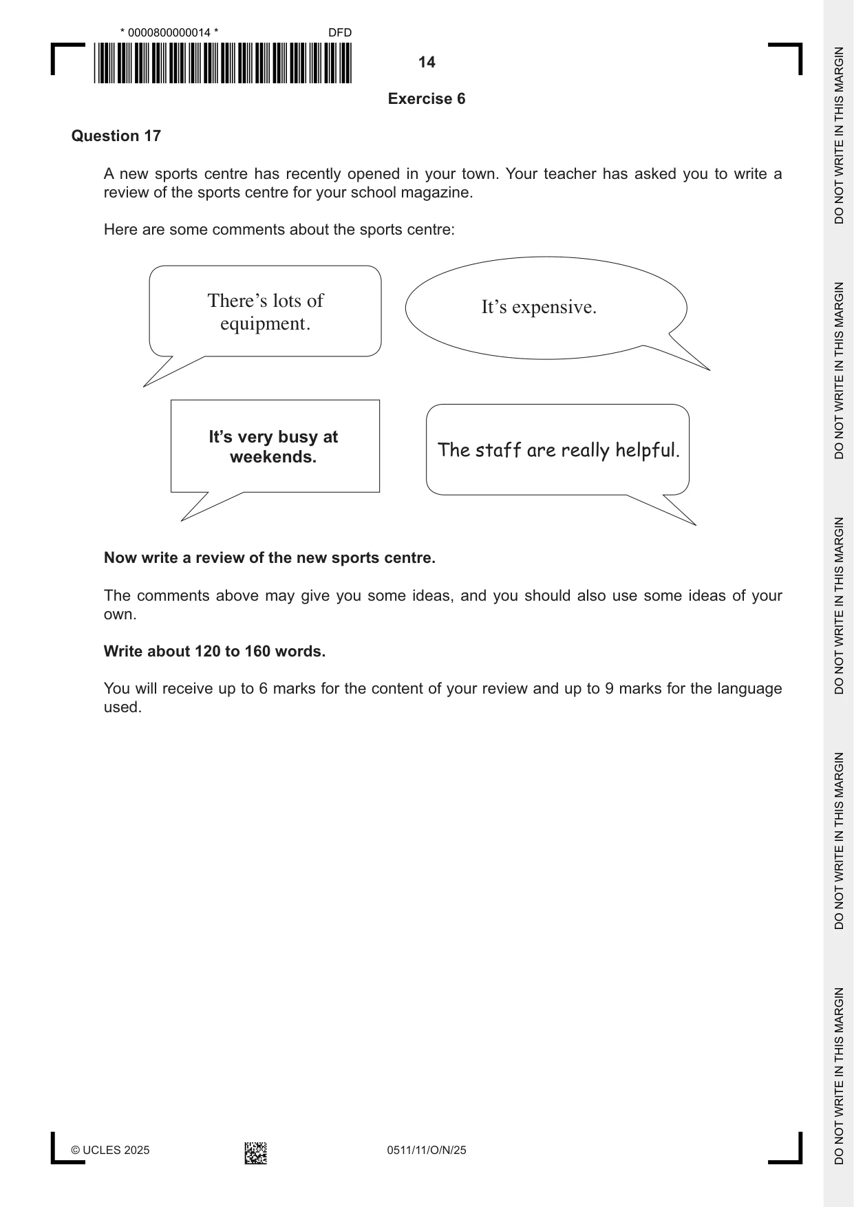 Cambridge IGCSE English - Second Language (count-in oral) 0511 2025 Oct/Nov Paper 1 · Variant 1 question paper, page 14 of 16