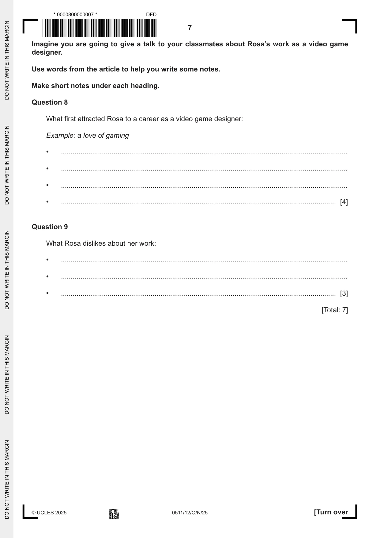 Cambridge IGCSE English - Second Language (count-in oral) 0511 2025 Oct/Nov Paper 1 · Variant 2 question paper, page 7 of 16