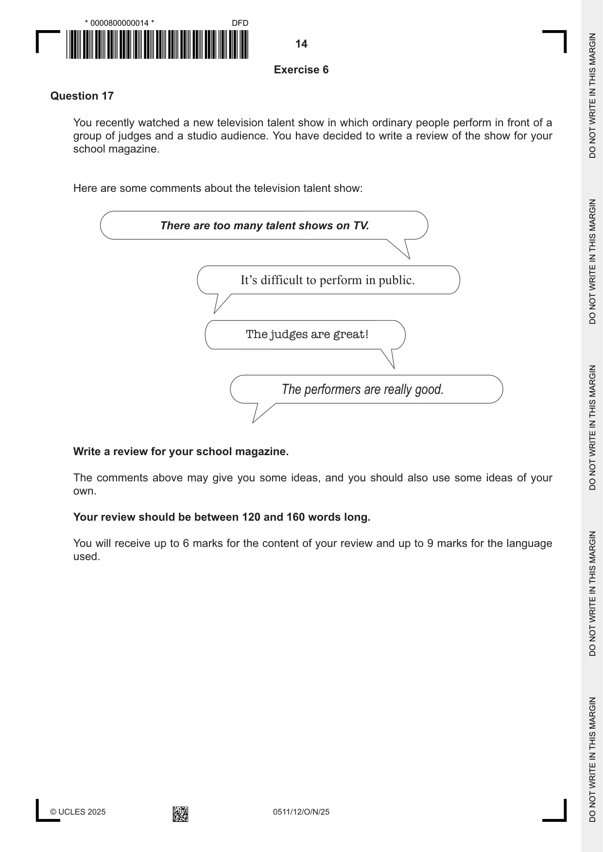 Cambridge IGCSE English - Second Language (count-in oral) 0511 2025 Oct/Nov Paper 1 · Variant 2 question paper, page 14 of 16
