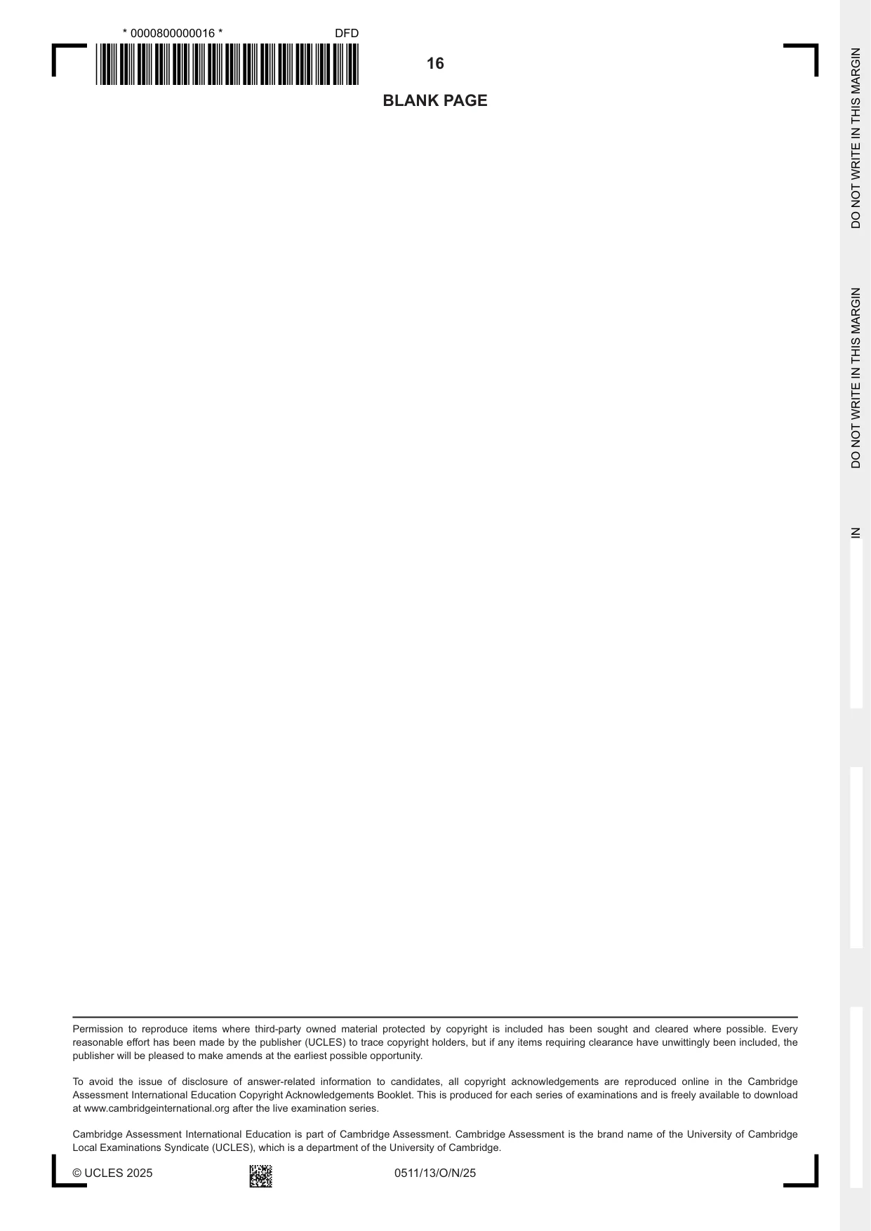 Cambridge IGCSE English - Second Language (count-in oral) 0511 2025 Oct/Nov Paper 1 · Variant 3 question paper, page 16 of 16