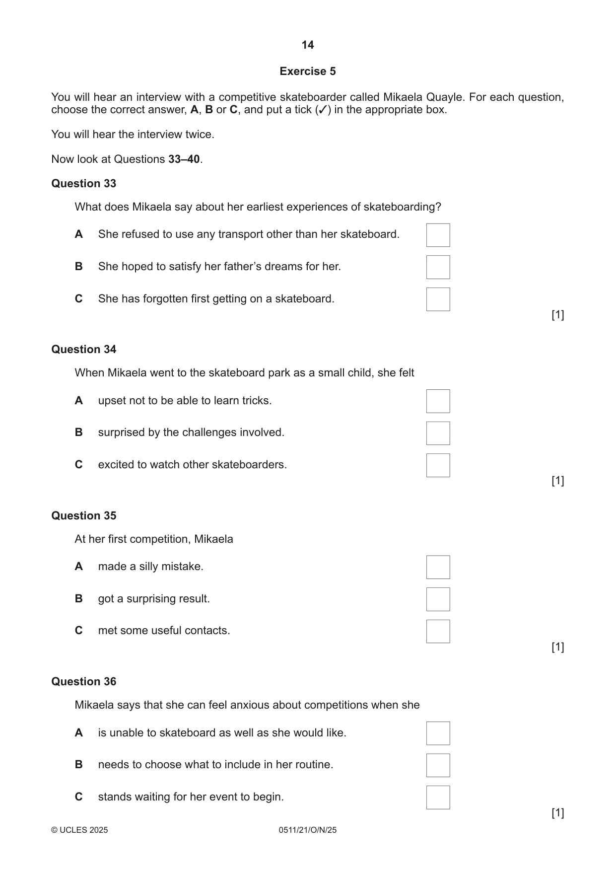 Cambridge IGCSE English - Second Language (count-in oral) 0511 2025 Oct/Nov Paper 2 · Variant 1 question paper, page 14 of 16