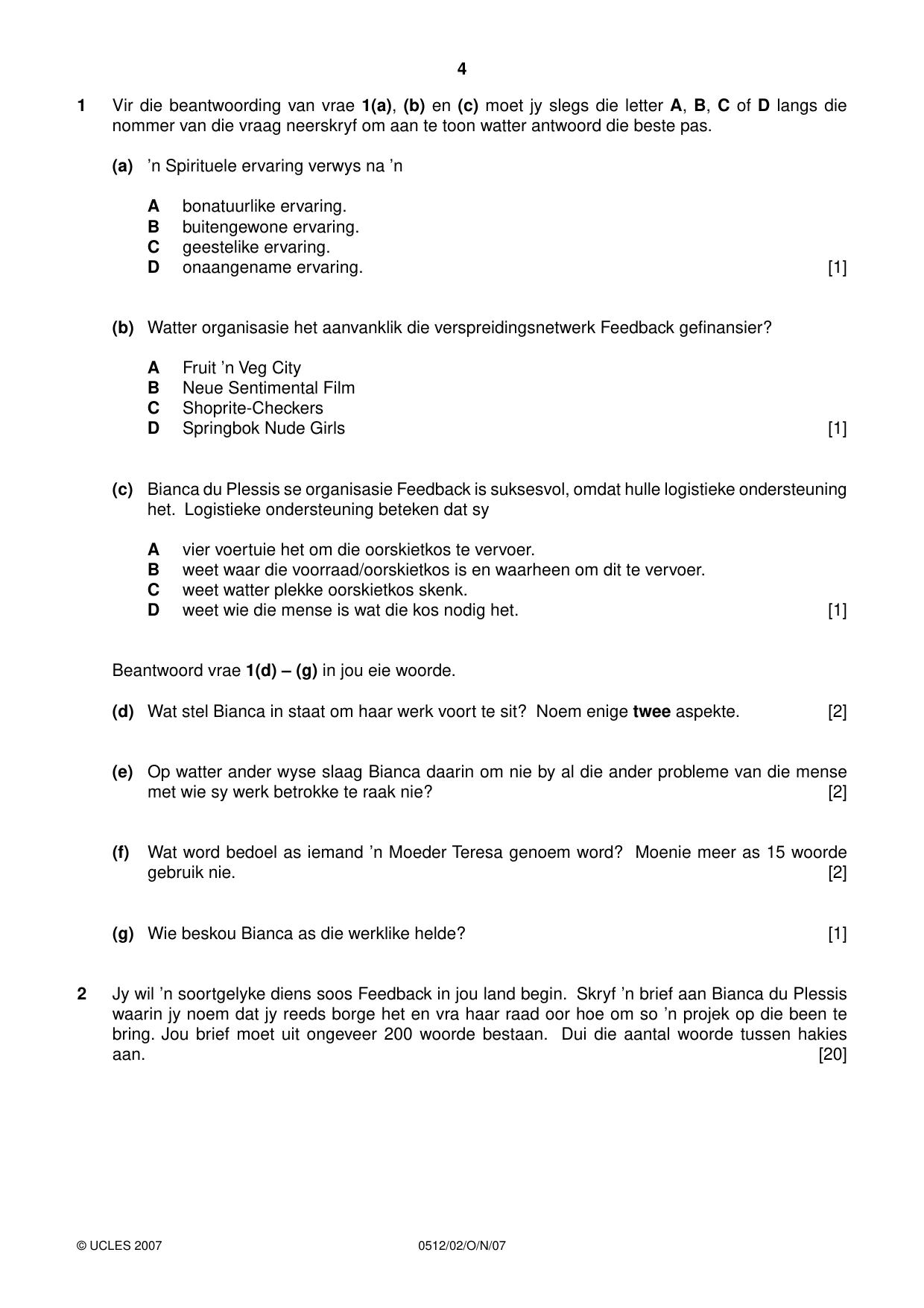 Cambridge IGCSE Afrikaans - First Language 0512 2007 Oct/Nov Paper 2 · Variant 1 question paper, page 4 of 8