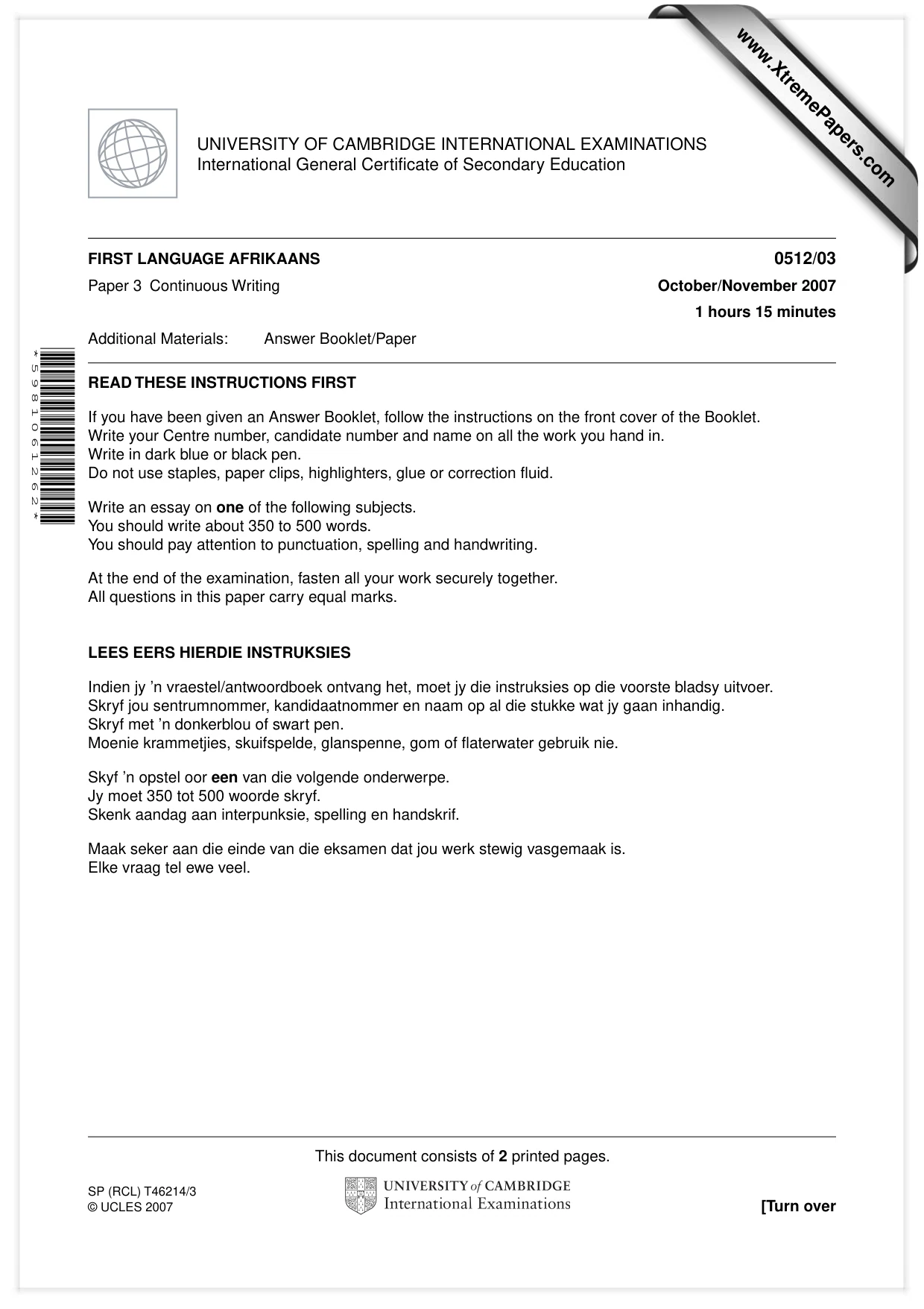 Cambridge IGCSE Afrikaans - First Language 0512 2007 Oct/Nov Paper 3 · Variant 1 question paper, page 1 of 2