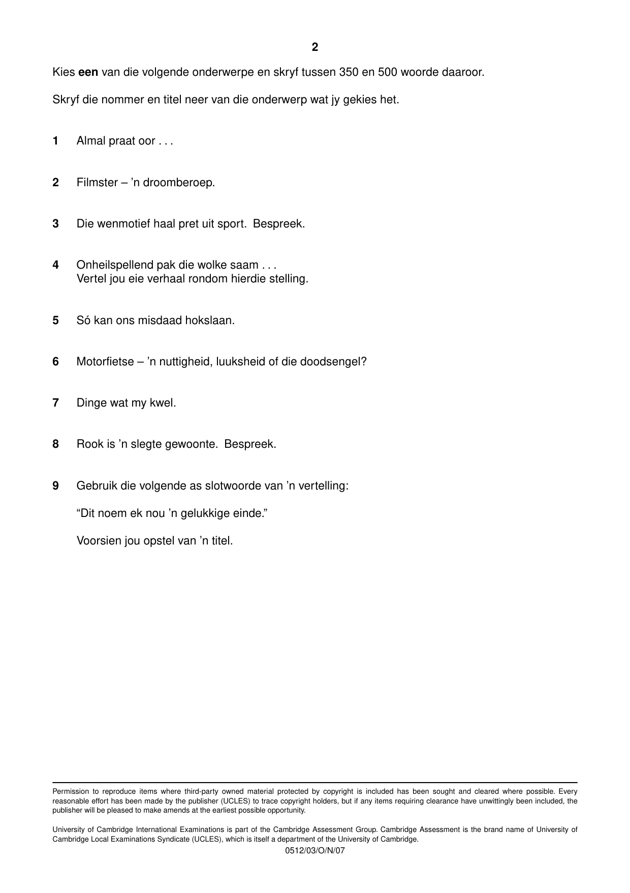 Cambridge IGCSE Afrikaans - First Language 0512 2007 Oct/Nov Paper 3 · Variant 1 question paper, page 2 of 2