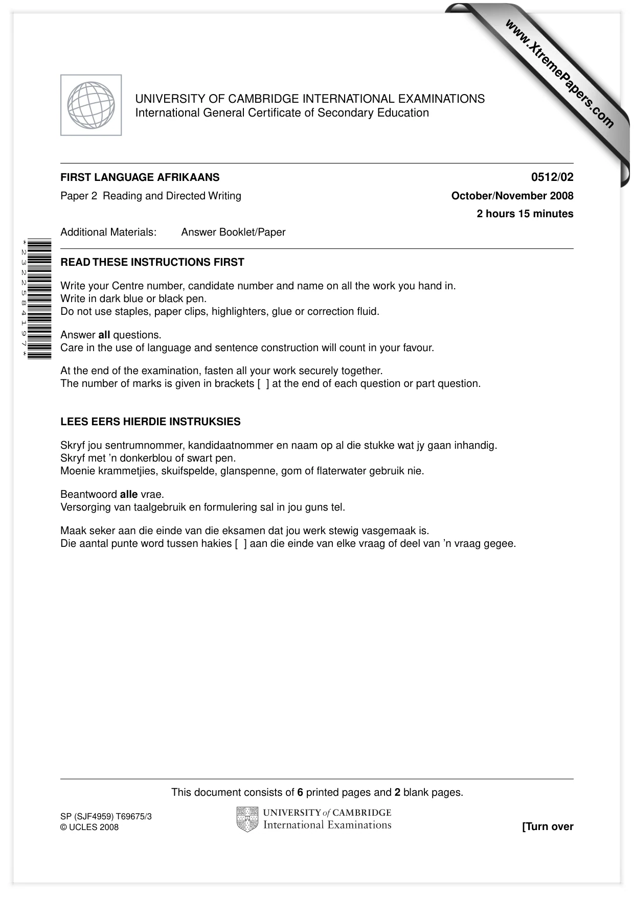 Cambridge IGCSE Afrikaans - First Language 0512 2008 Oct/Nov Paper 2 · Variant 1 question paper, page 1 of 8