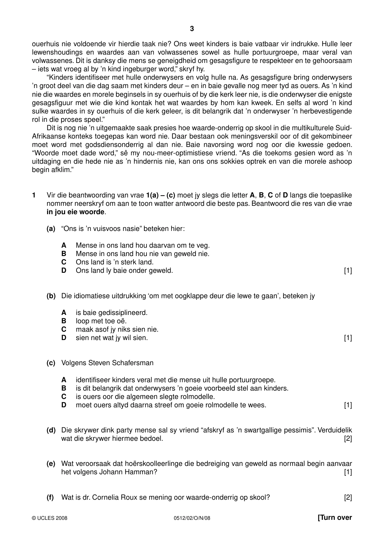 Cambridge IGCSE Afrikaans - First Language 0512 2008 Oct/Nov Paper 2 · Variant 1 question paper, page 3 of 8