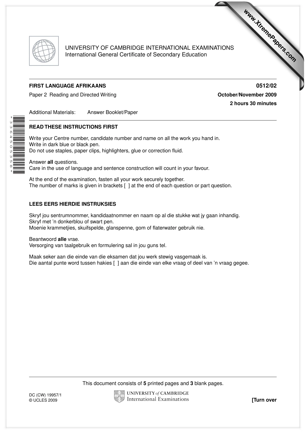 Cambridge IGCSE Afrikaans - First Language 0512 2009 Oct/Nov Paper 2 · Variant 1 question paper, page 1 of 8