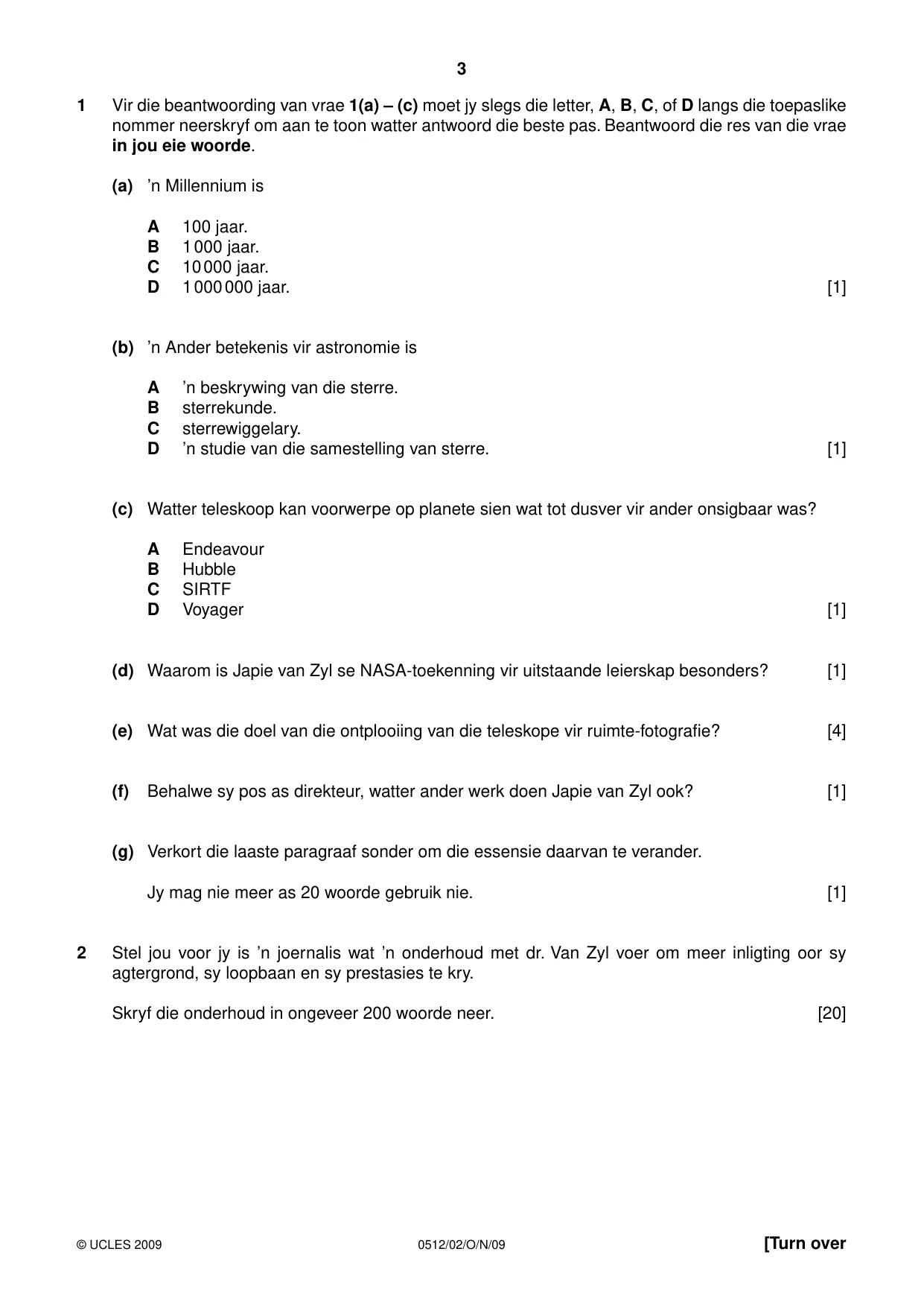 Cambridge IGCSE Afrikaans - First Language 0512 2009 Oct/Nov Paper 2 · Variant 1 question paper, page 3 of 8