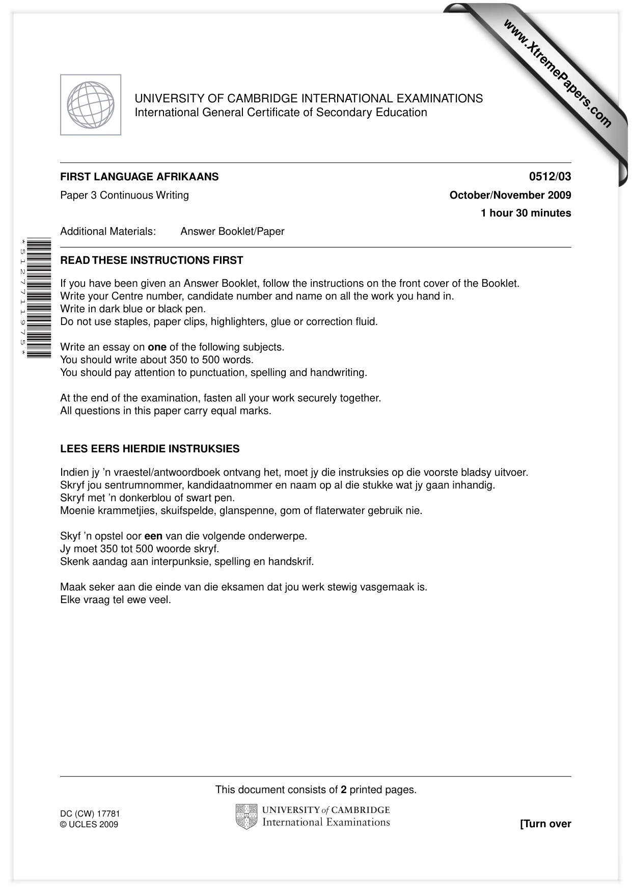 Cambridge IGCSE Afrikaans - First Language 0512 2009 Oct/Nov Paper 3 · Variant 1 question paper, page 1 of 2