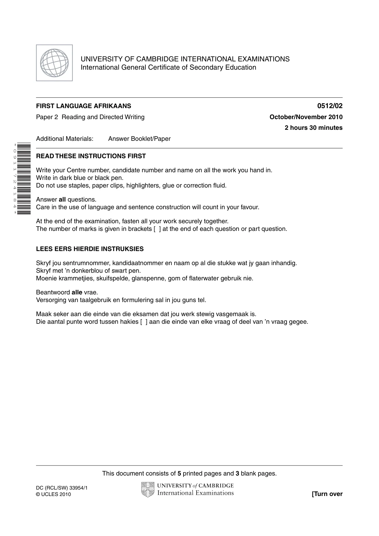 Cambridge IGCSE Afrikaans - First Language 0512 2010 Oct/Nov Paper 2 · Variant 1 question paper, page 1 of 8