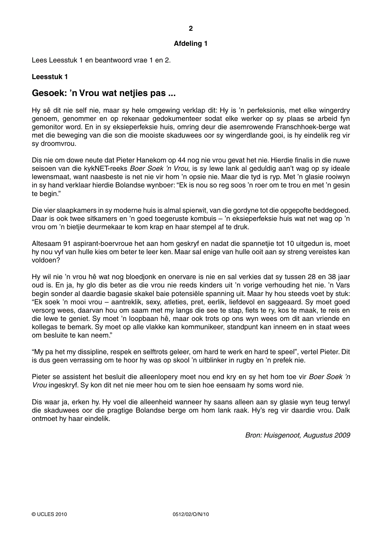 Cambridge IGCSE Afrikaans - First Language 0512 2010 Oct/Nov Paper 2 · Variant 1 question paper, page 2 of 8