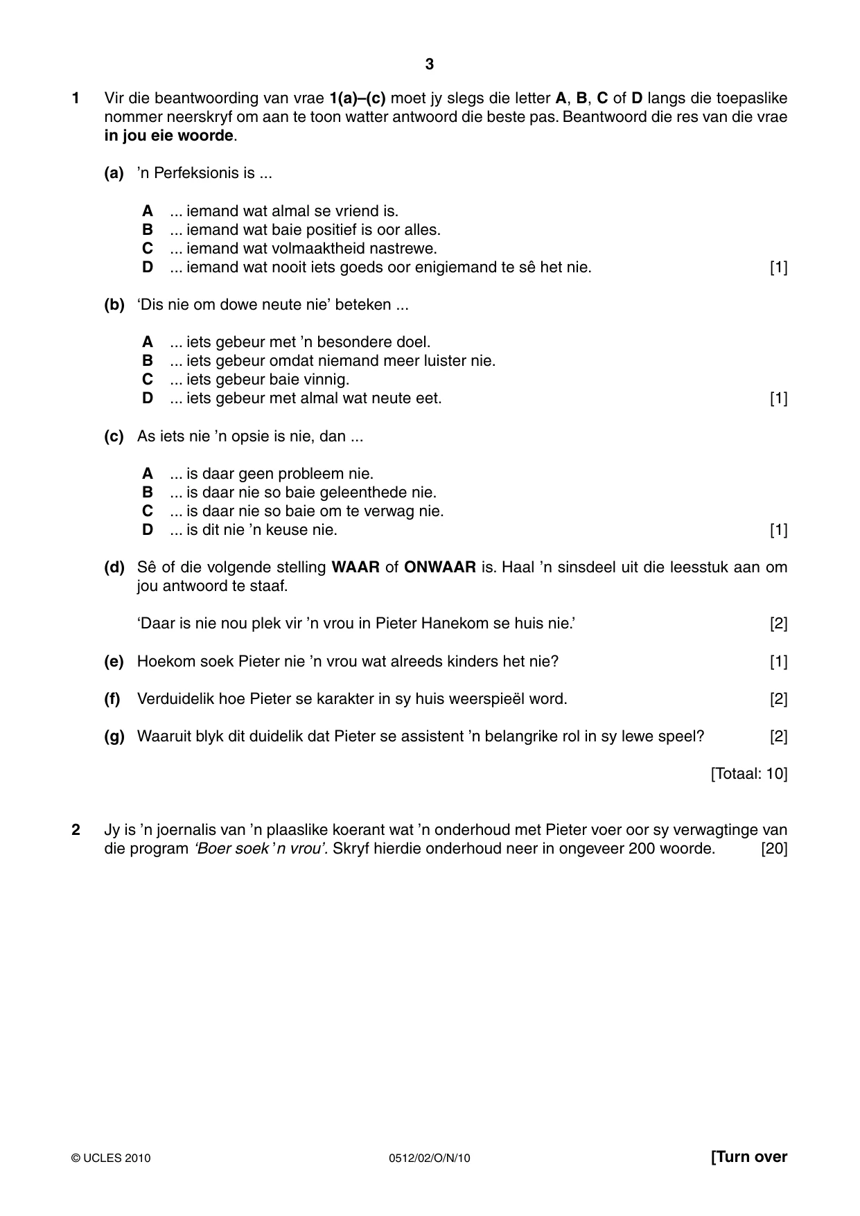 Cambridge IGCSE Afrikaans - First Language 0512 2010 Oct/Nov Paper 2 · Variant 1 question paper, page 3 of 8