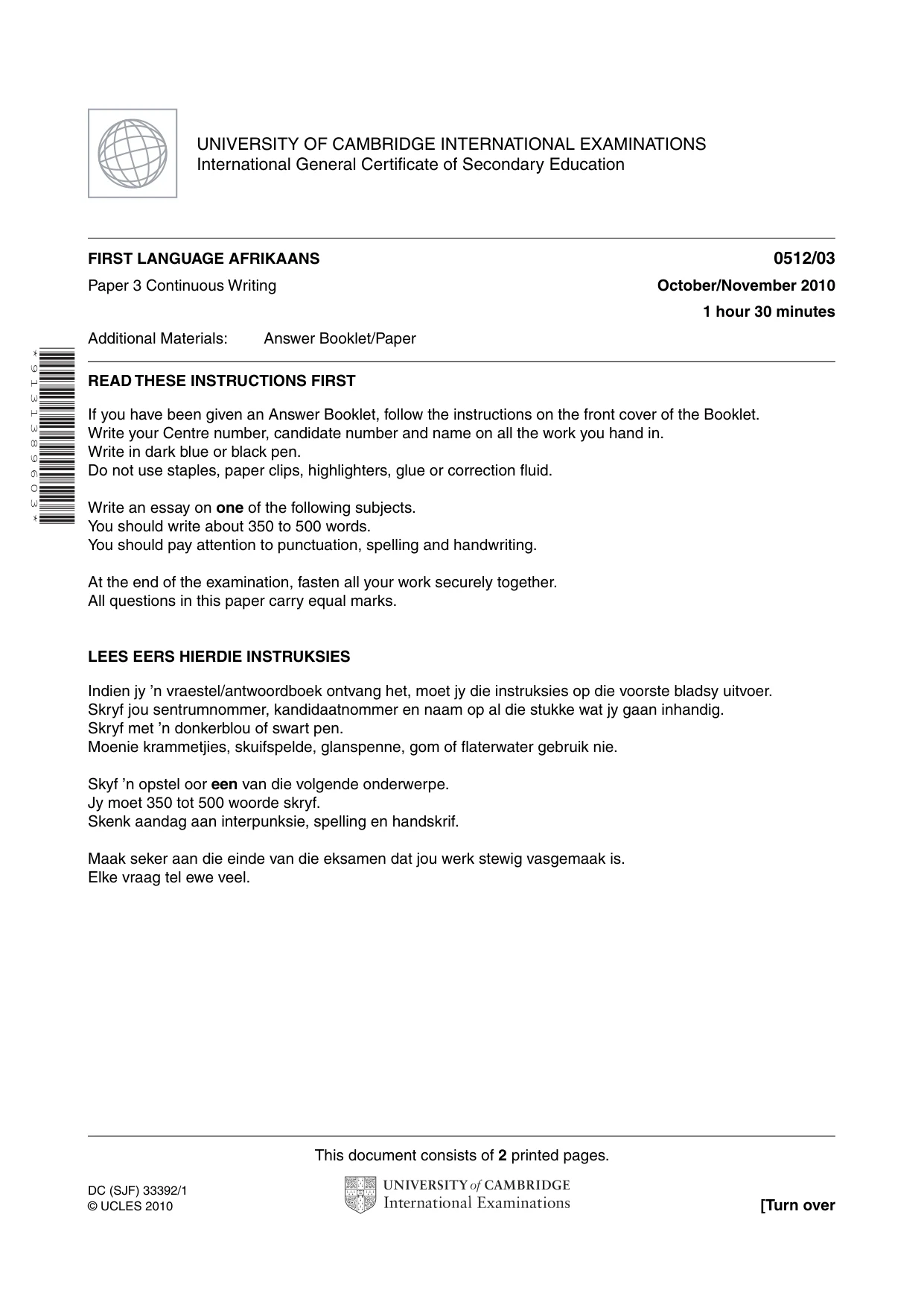 Cambridge IGCSE Afrikaans - First Language 0512 2010 Oct/Nov Paper 3 · Variant 1 question paper, page 1 of 2