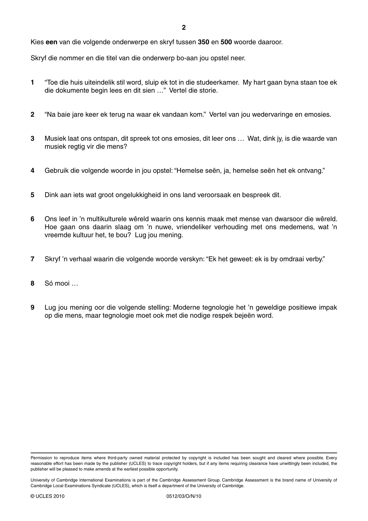 Cambridge IGCSE Afrikaans - First Language 0512 2010 Oct/Nov Paper 3 · Variant 1 question paper, page 2 of 2