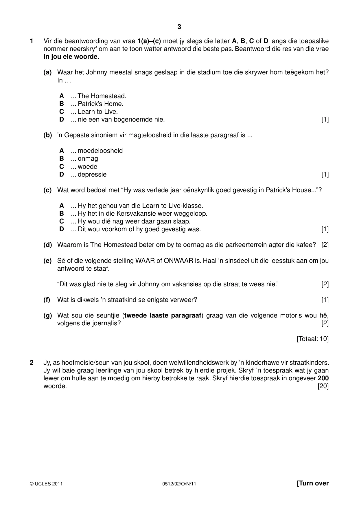 Cambridge IGCSE Afrikaans - First Language 0512 2011 Oct/Nov Paper 2 · Variant 1 question paper, page 3 of 8