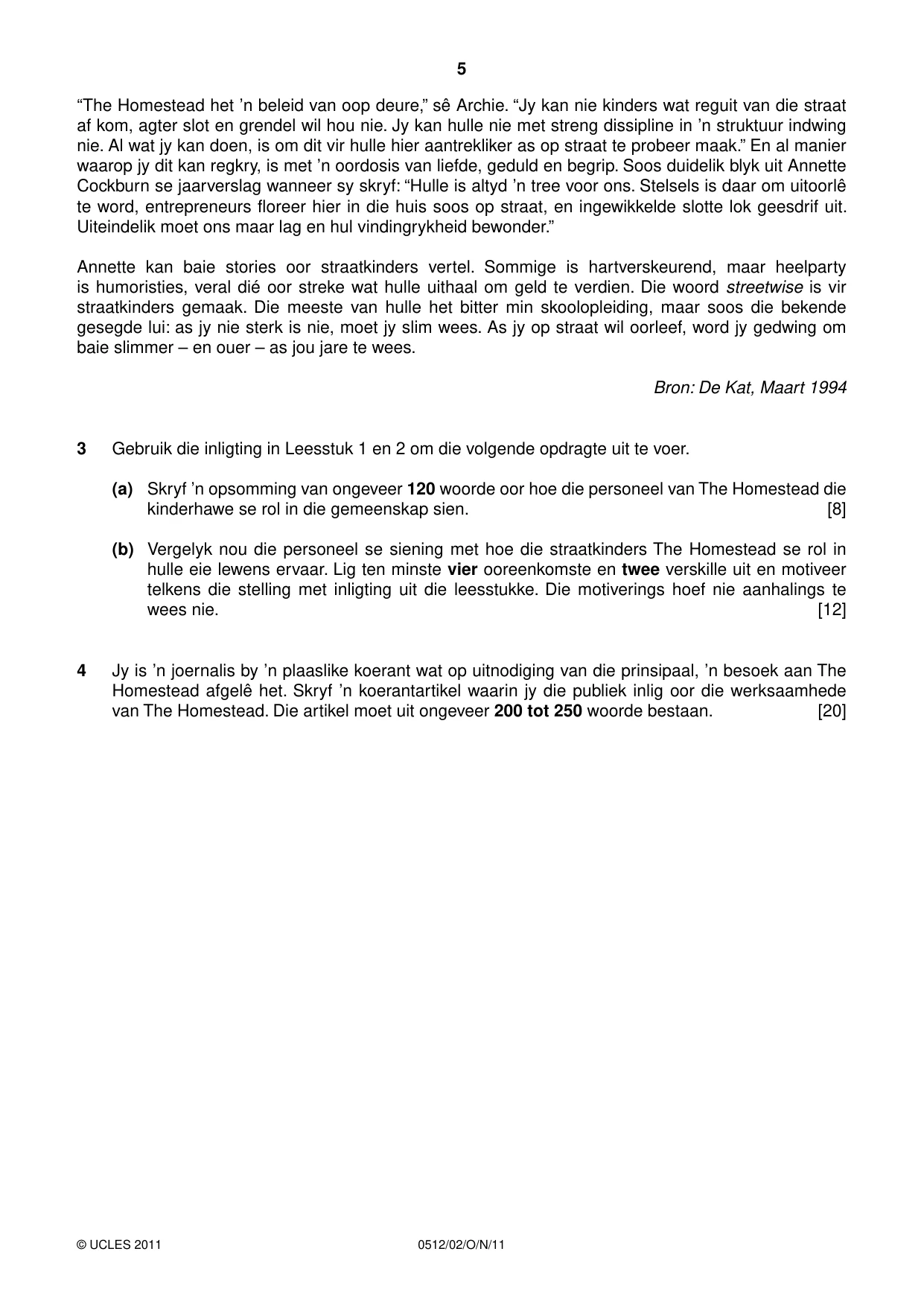 Cambridge IGCSE Afrikaans - First Language 0512 2011 Oct/Nov Paper 2 · Variant 1 question paper, page 5 of 8