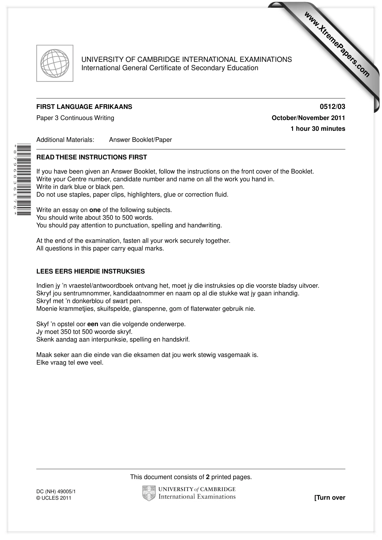 Cambridge IGCSE Afrikaans - First Language 0512 2011 Oct/Nov Paper 3 · Variant 1 question paper, page 1 of 2