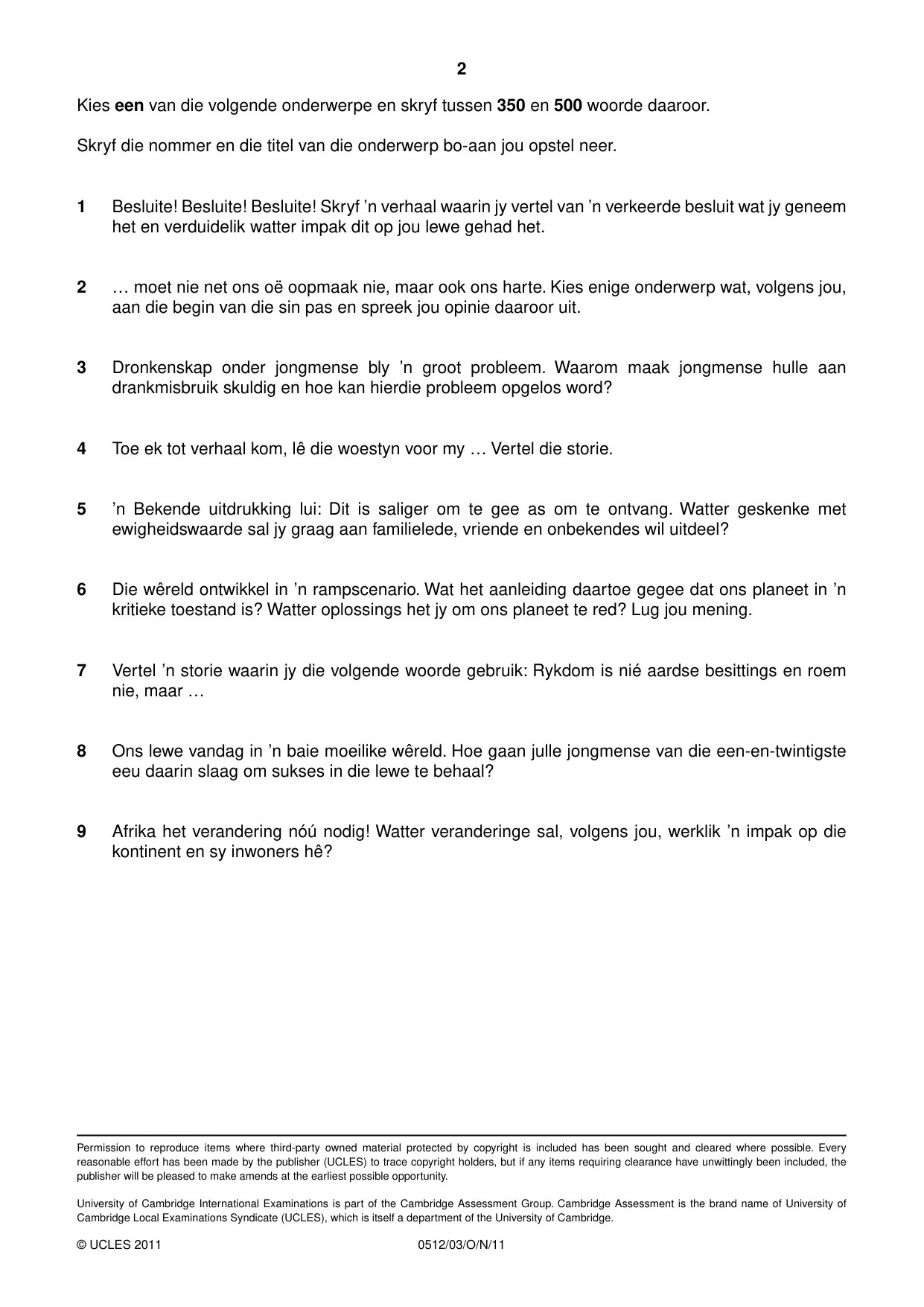 Cambridge IGCSE Afrikaans - First Language 0512 2011 Oct/Nov Paper 3 · Variant 1 question paper, page 2 of 2