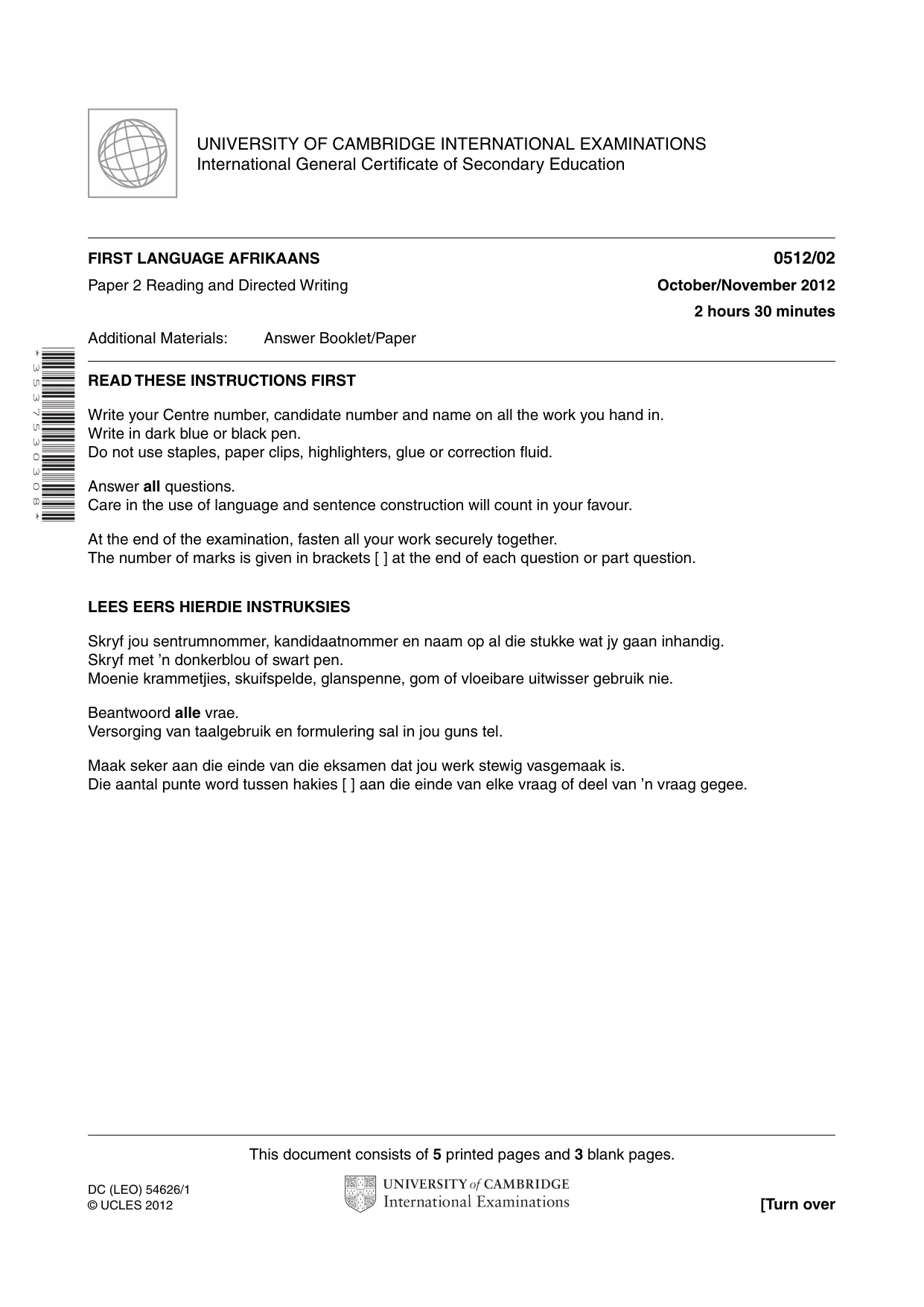 Cambridge IGCSE Afrikaans - First Language 0512 2012 Oct/Nov Paper 2 · Variant 1 question paper, page 1 of 8