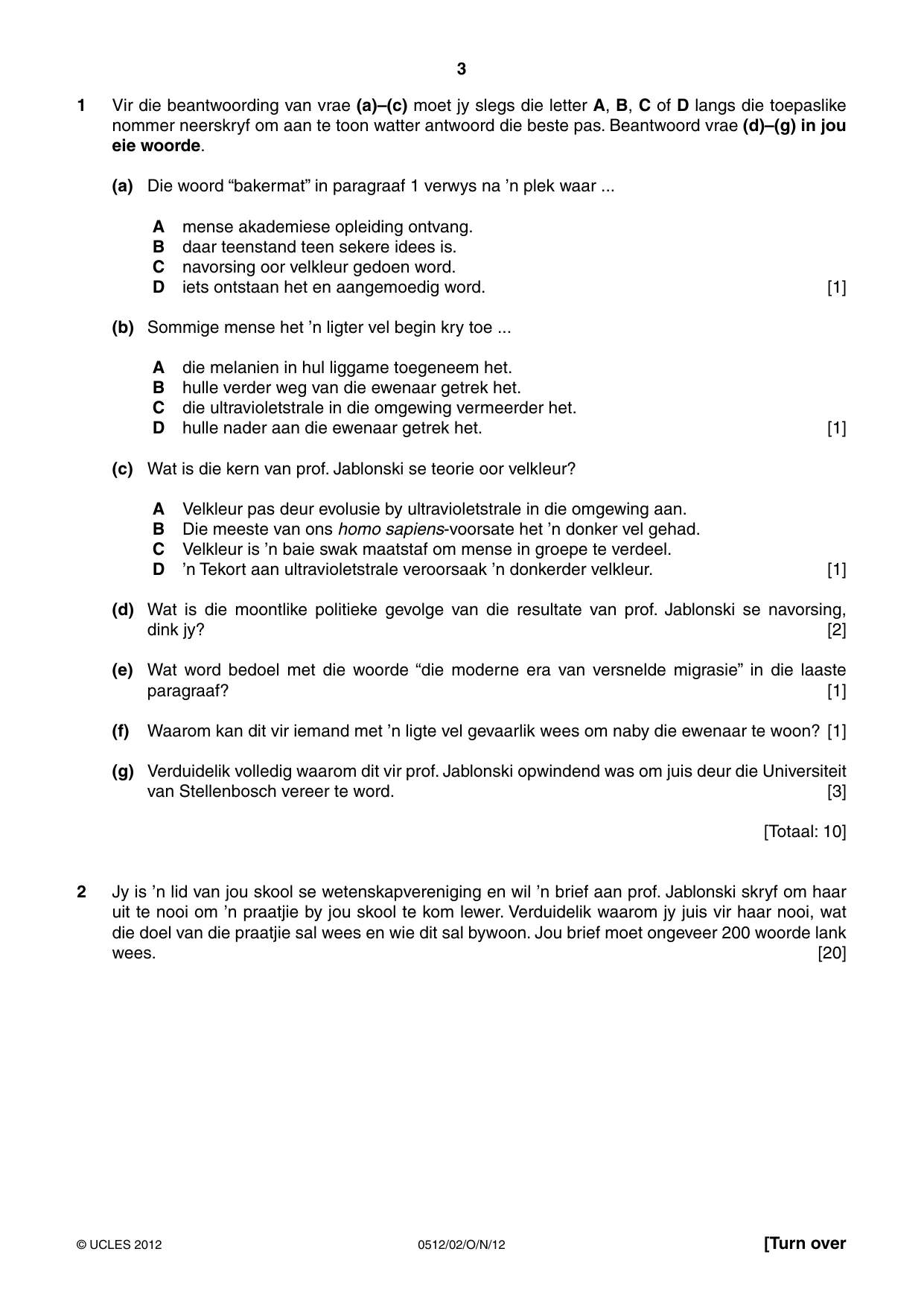Cambridge IGCSE Afrikaans - First Language 0512 2012 Oct/Nov Paper 2 · Variant 1 question paper, page 3 of 8