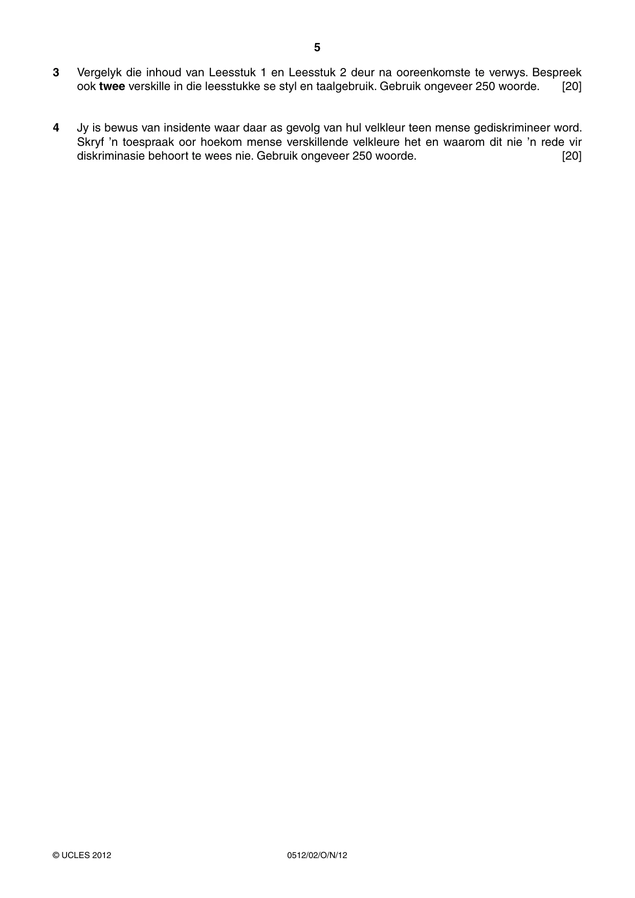 Cambridge IGCSE Afrikaans - First Language 0512 2012 Oct/Nov Paper 2 · Variant 1 question paper, page 5 of 8