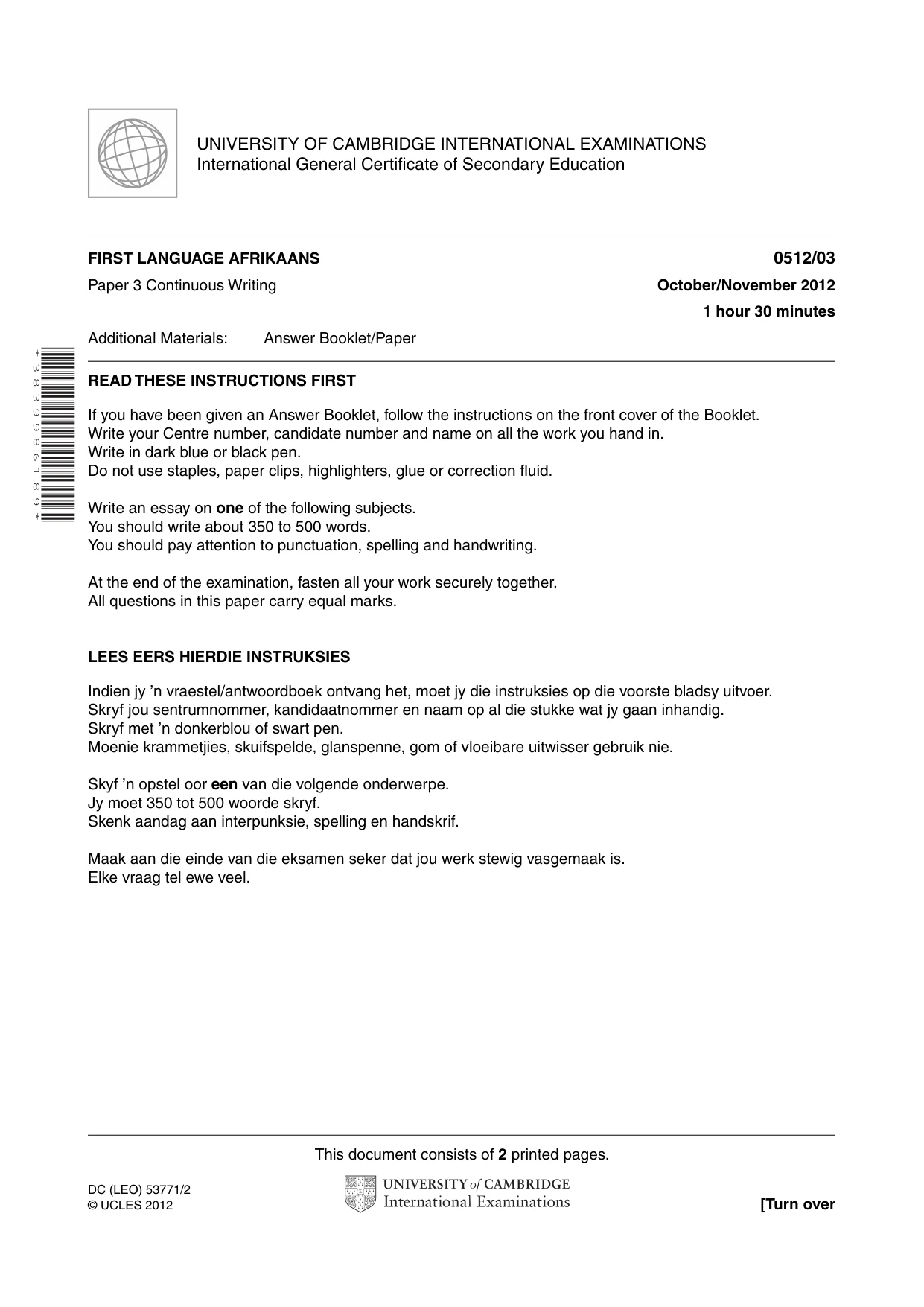 Cambridge IGCSE Afrikaans - First Language 0512 2012 Oct/Nov Paper 3 · Variant 1 question paper, page 1 of 2